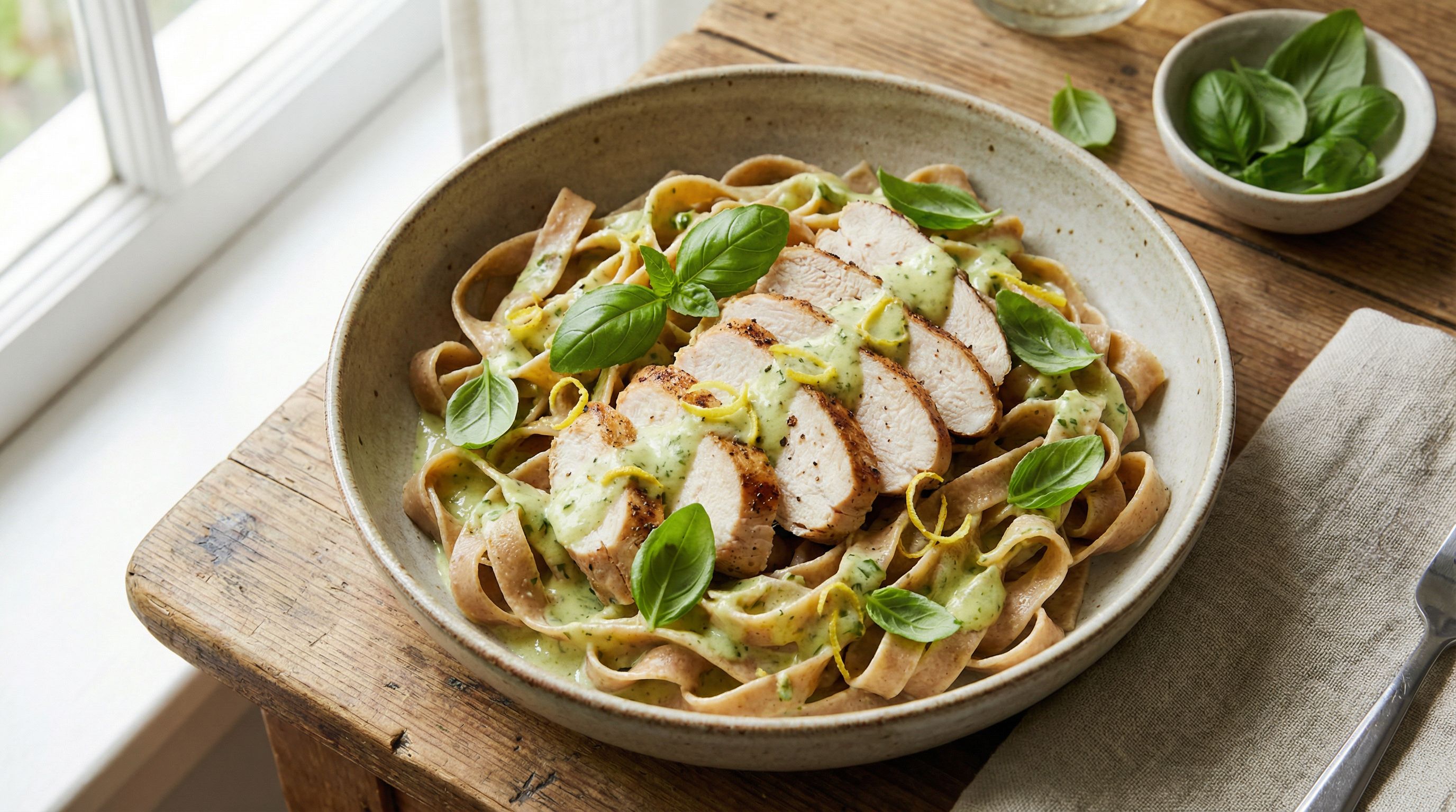 Lynstekt kalkun med kremet sitron-basilikumsaus og fullkornspasta