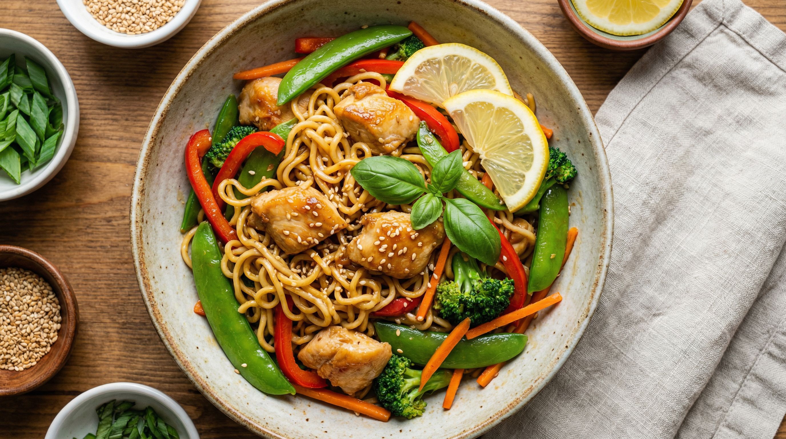 Lynstekt kylling med sitron-hvitløksnudler og sprø grønnsaker