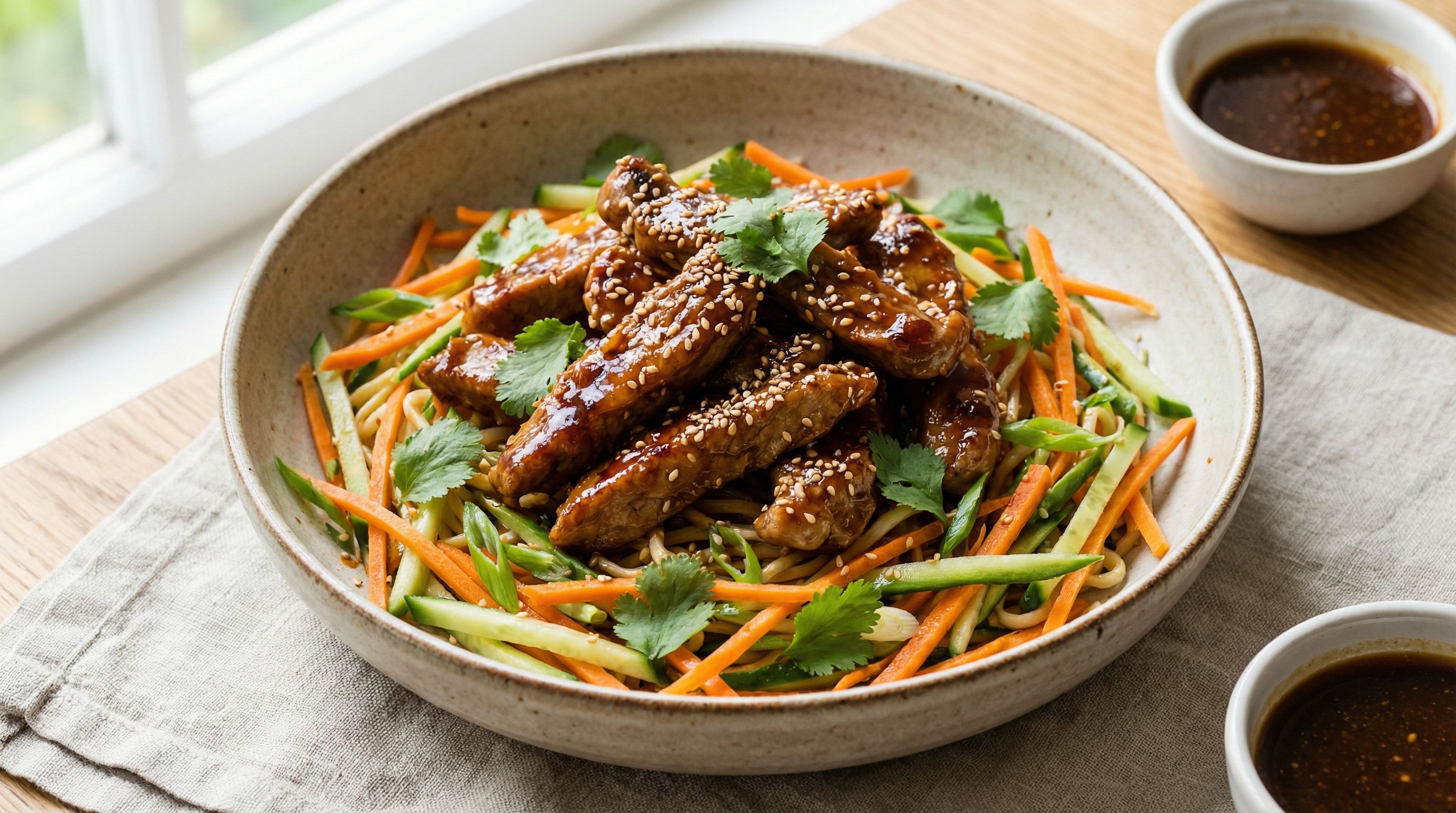 Lynstekt svinekjøtt med ingefær-sesamglasur og nudelsalat