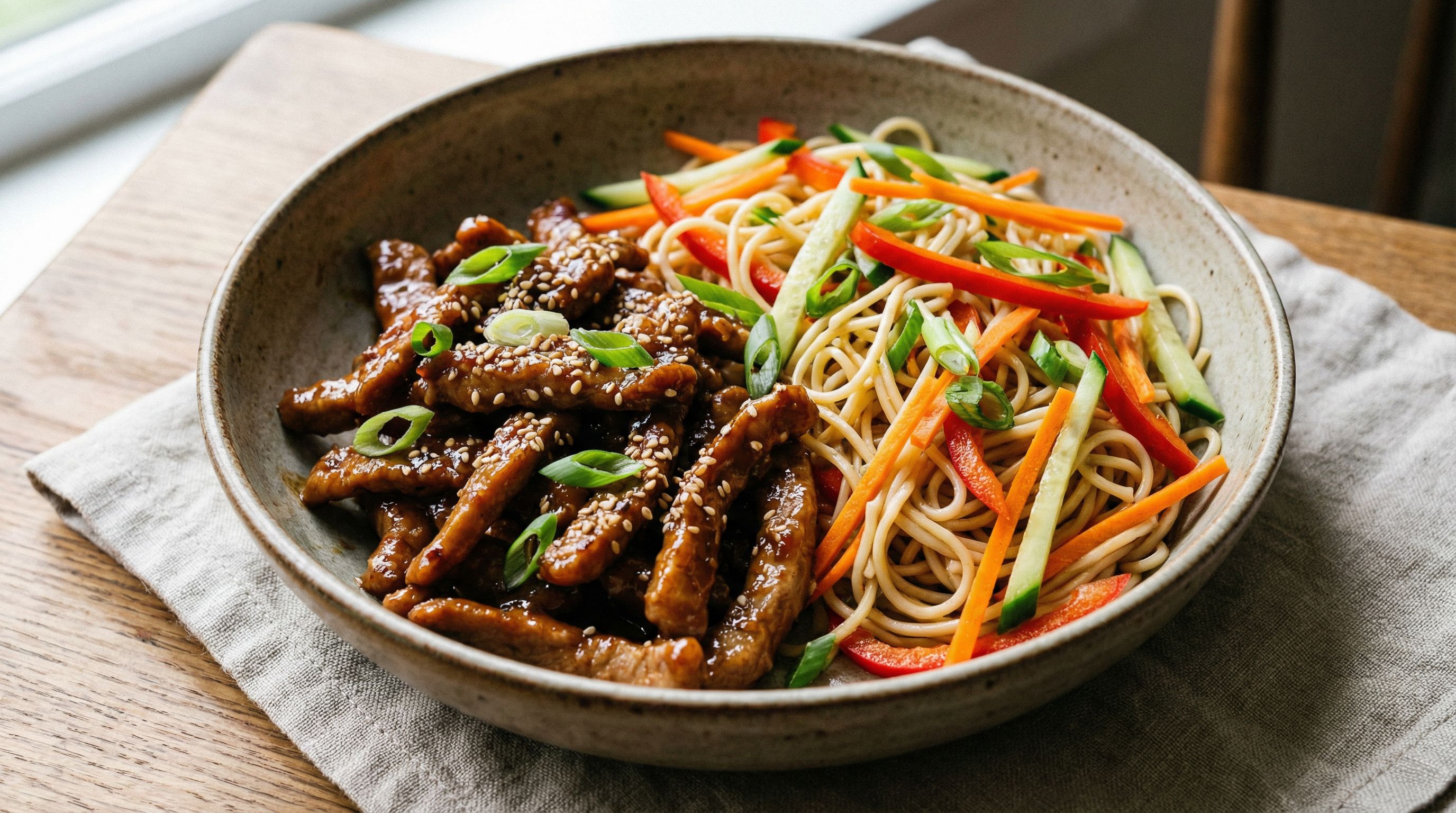 Lynstekt svinekjøtt med ingefær-sesamglasur og nudelsalat