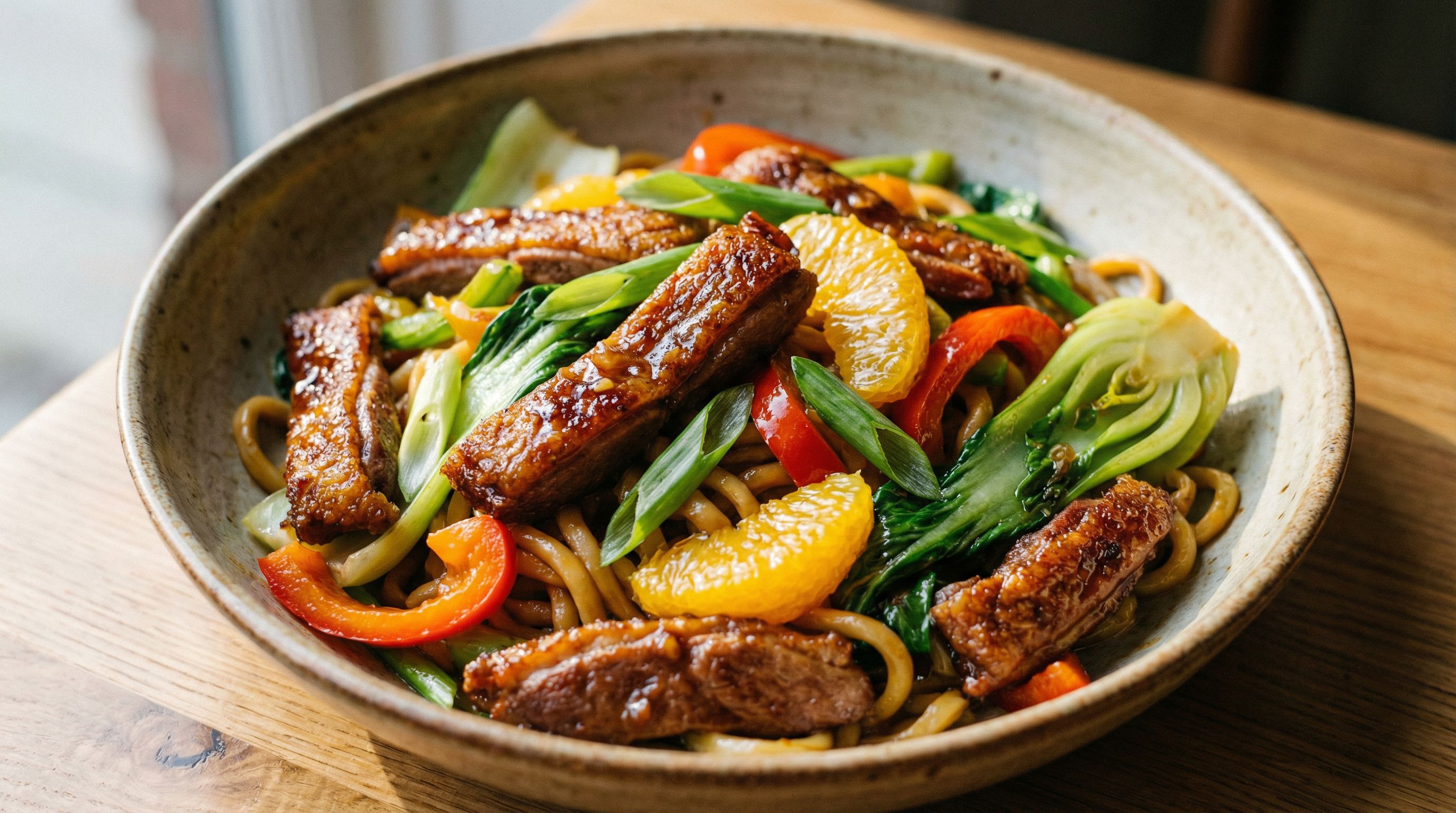 Lynstekte andebryststrimler med appelsin-ingefærsaus og nudler