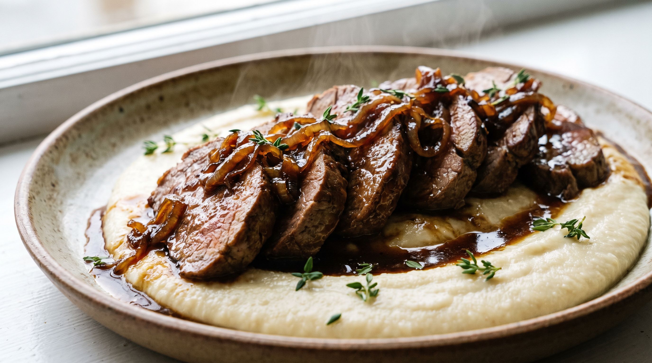 Lynstekte Kalveytrefiletstrimler med Karamellisert Løk og Honning-Balsamicasjy, servert med Kremet Sellerirotpuré