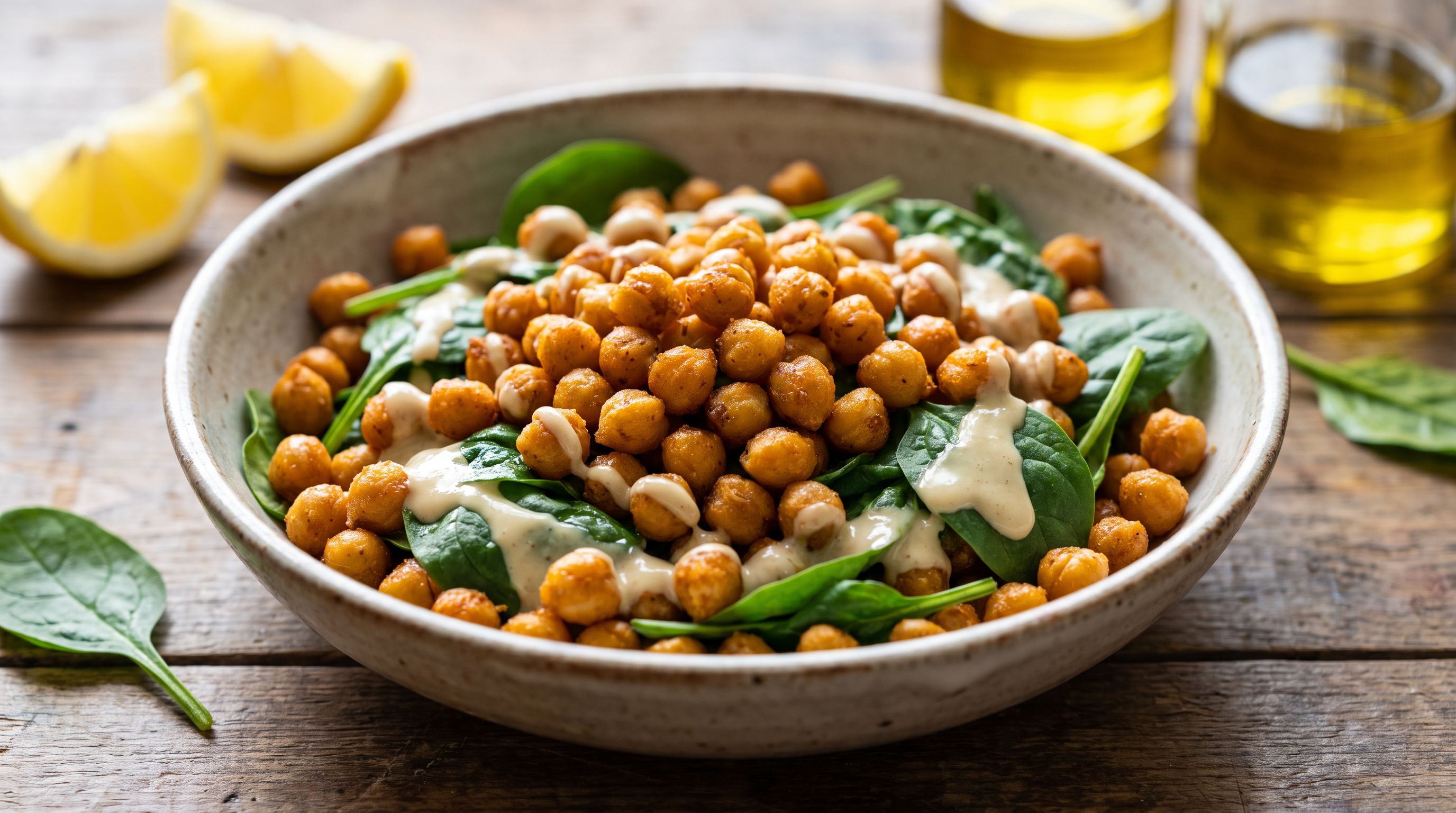 Lynstekte Kikerter med Spinat og Sitron-Tahini Dressing