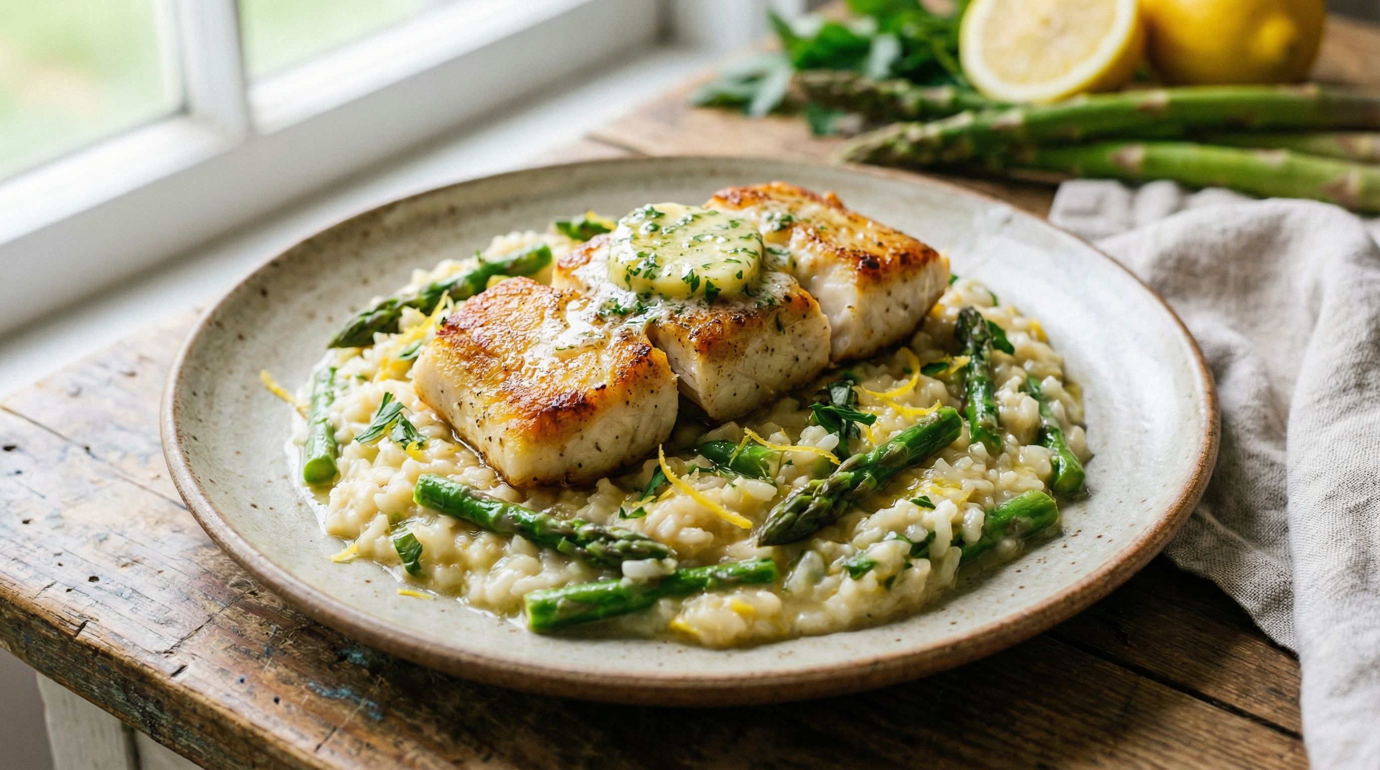 Lynstekte kveitebiter med sitrus-urtesmør og aspargesrisotto