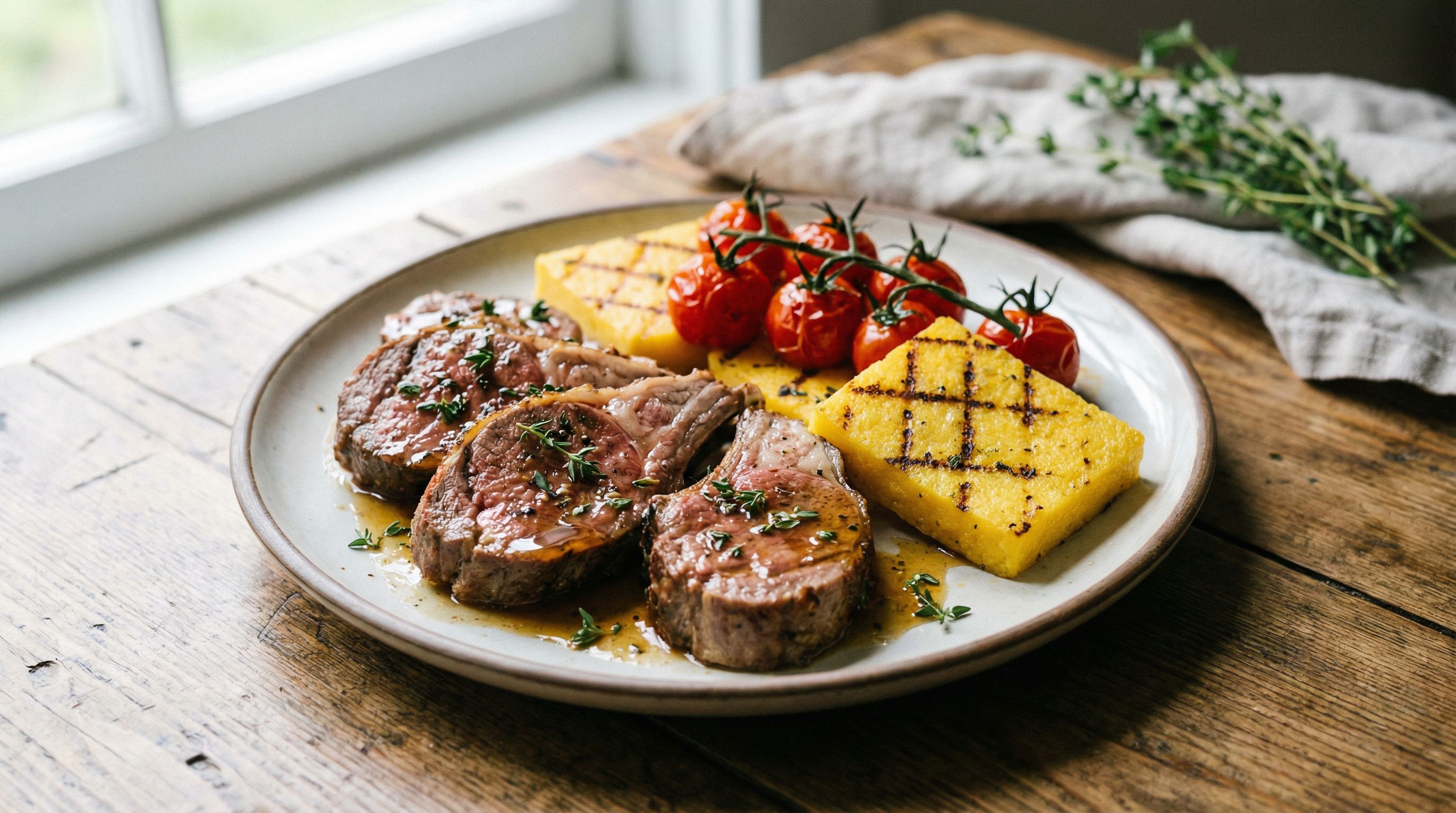 Lynstekte lammeskiver med honning-timianmarinade og grillet polenta med cherrytomater