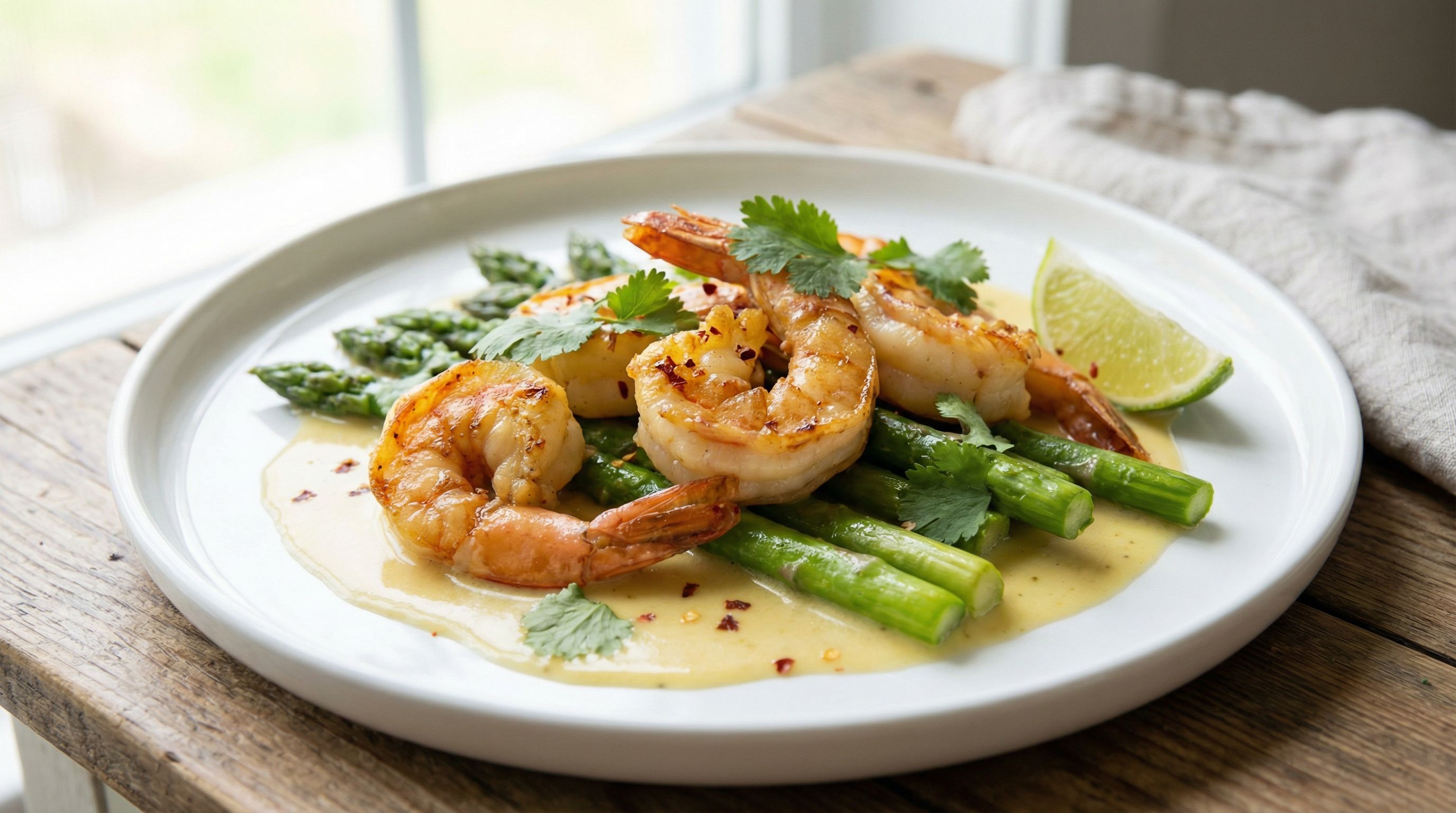 Lynstekte scampi med lime-kokossaus og grønne asparges