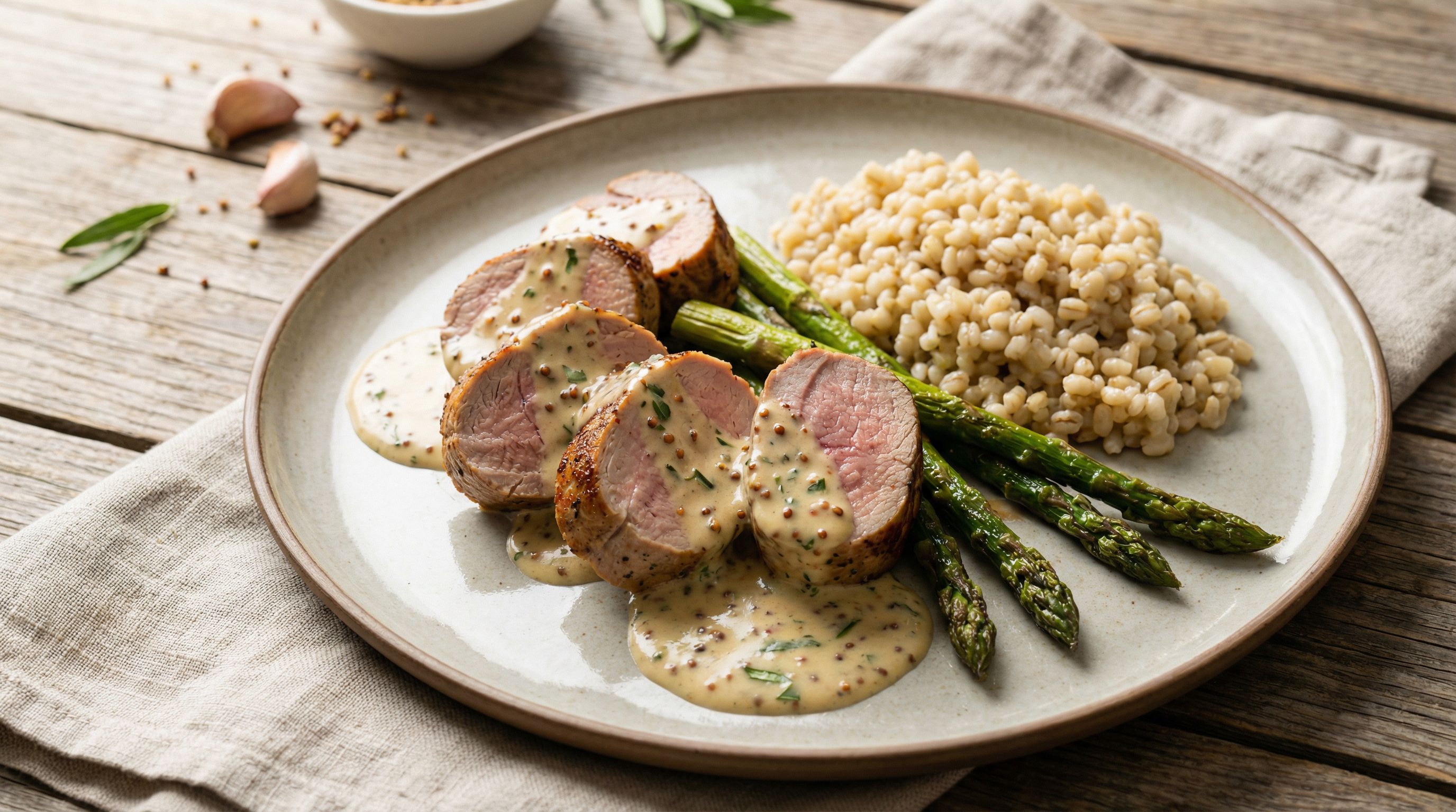 Lynstekte skiver av svineindrefilet med kremet sennep- og estragon-saus, servert med ovnsbakte asparges og perlebyggotto