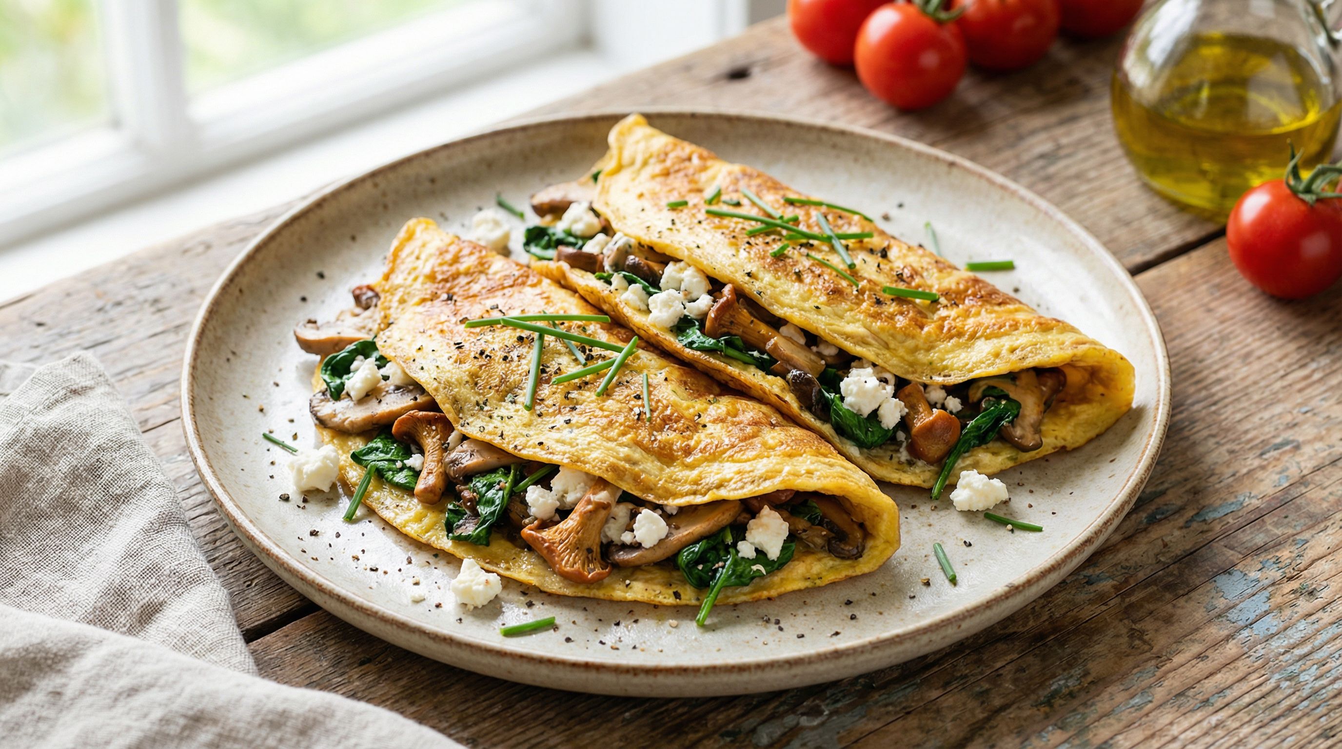 Lynstekte sopp- og spinatomeletter med feta