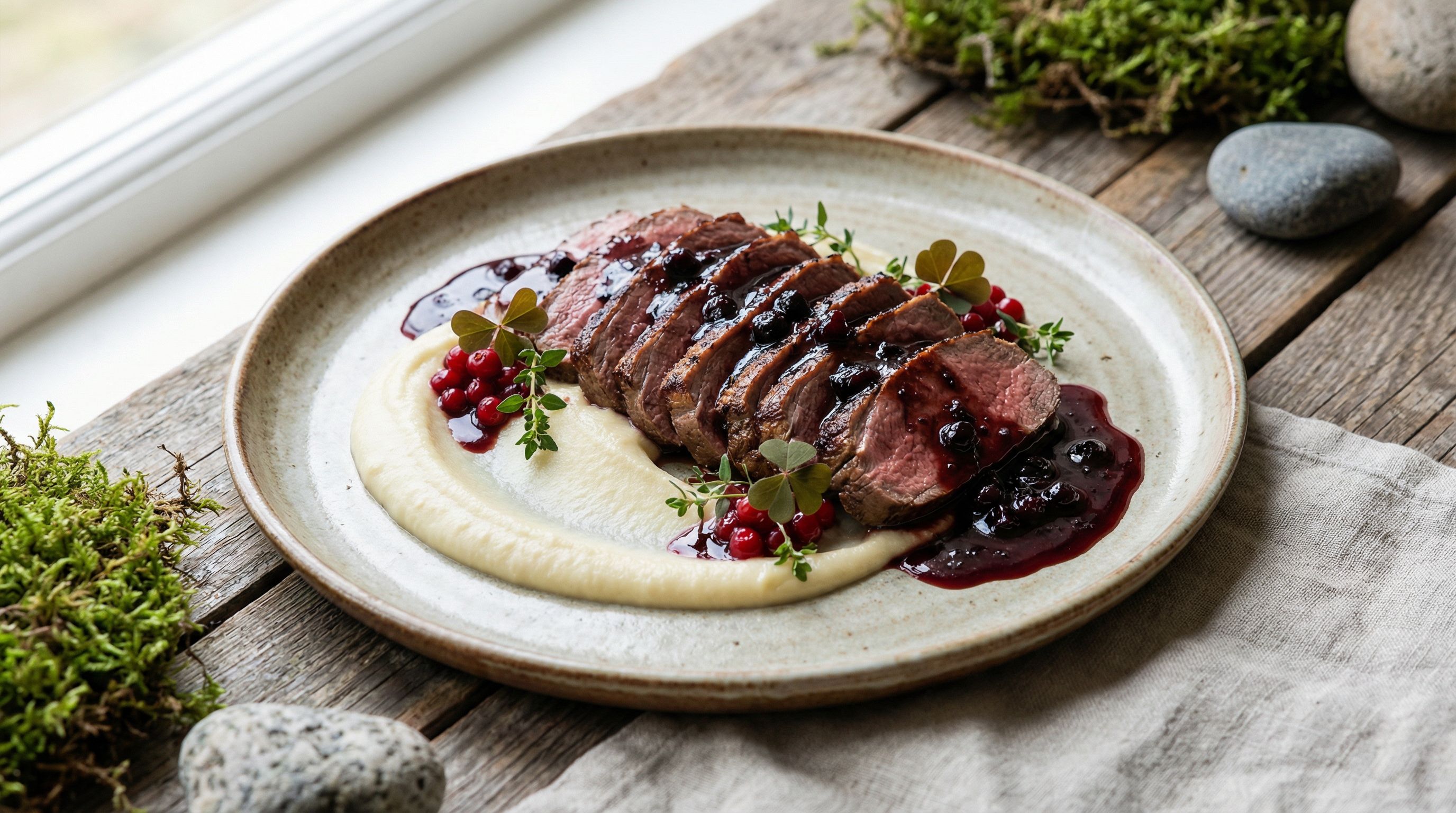 Lynstekte strimler av reinsdyr med høstbærsaus og rotgrønnsakspuré