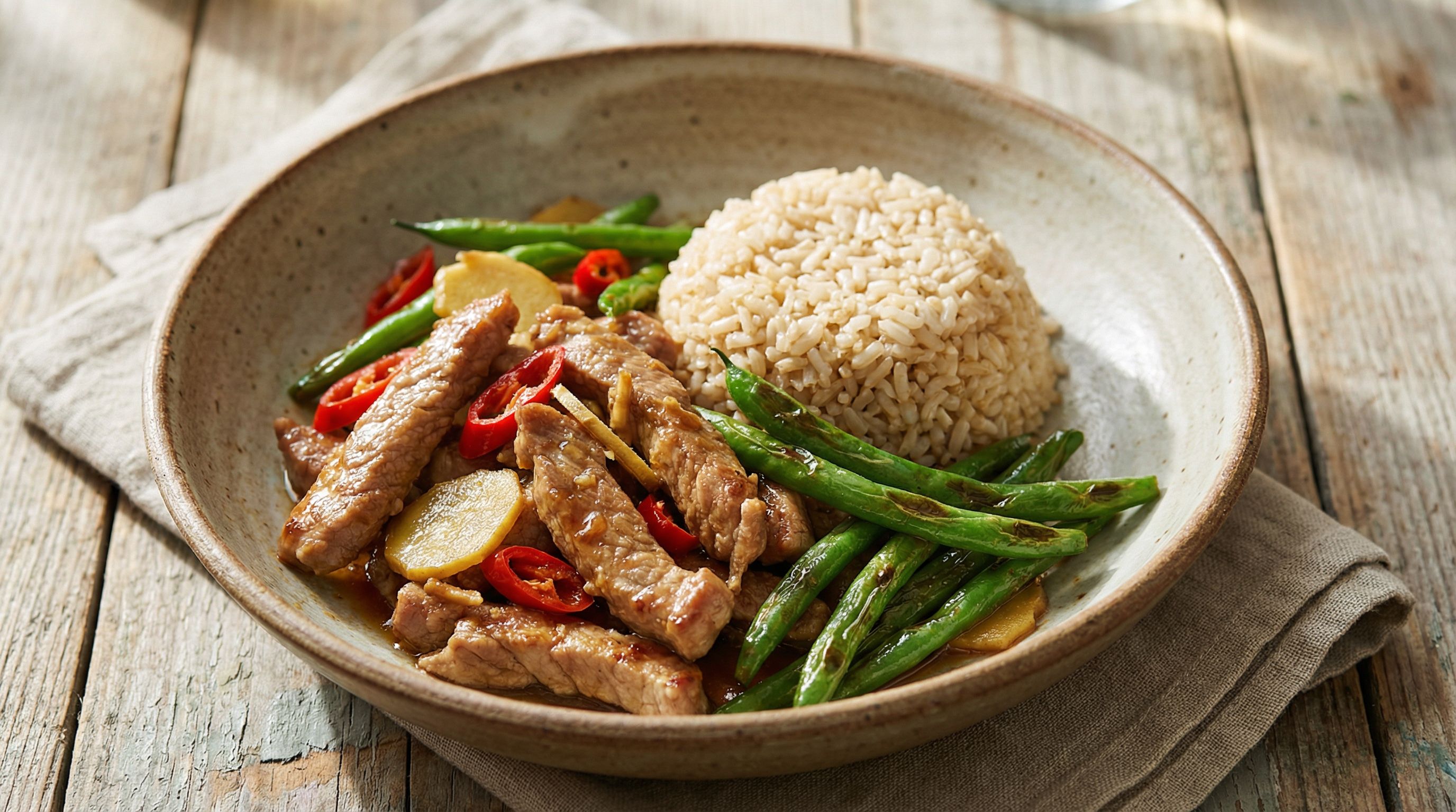 Lynstekte svinefiletstrimler med ingefær, chili og grønne bønner