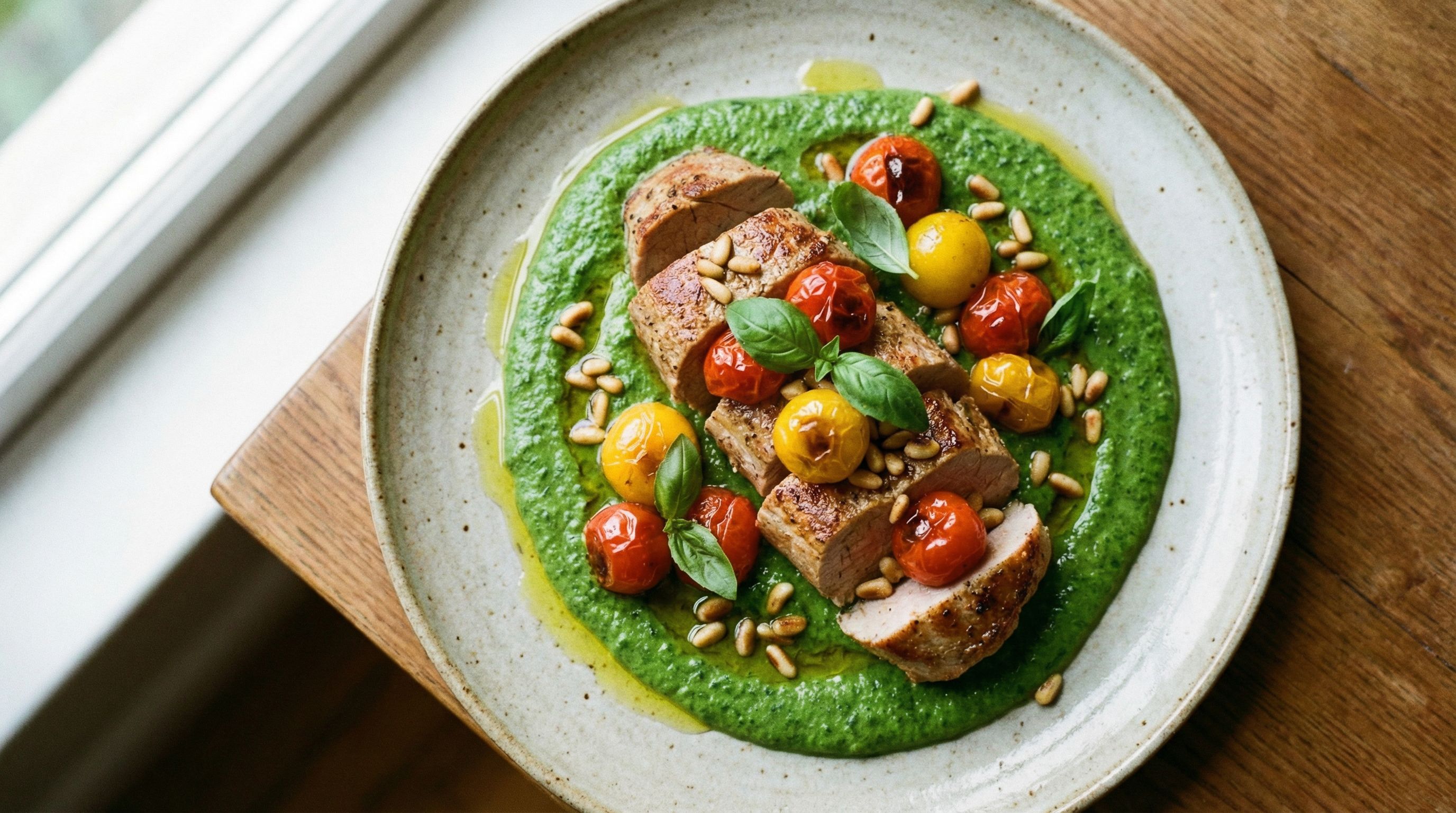 Lynstekte svinefiletstrimler med kremet basilikum-spinatpuré og ristede cherrytomater