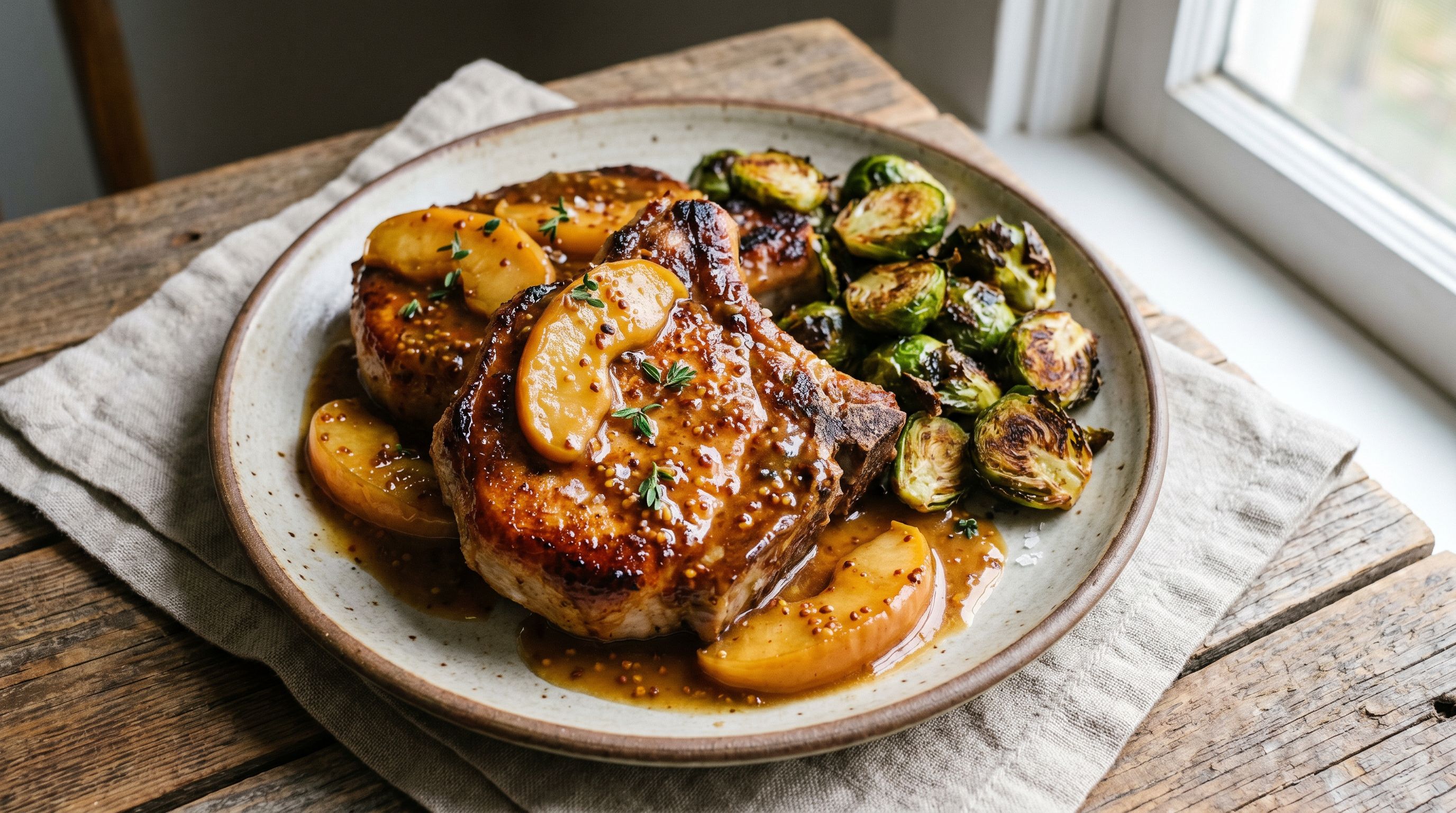 Lynstekte Svinekoteletter med Eple-Sennepssaus og Sprø Rosenkål