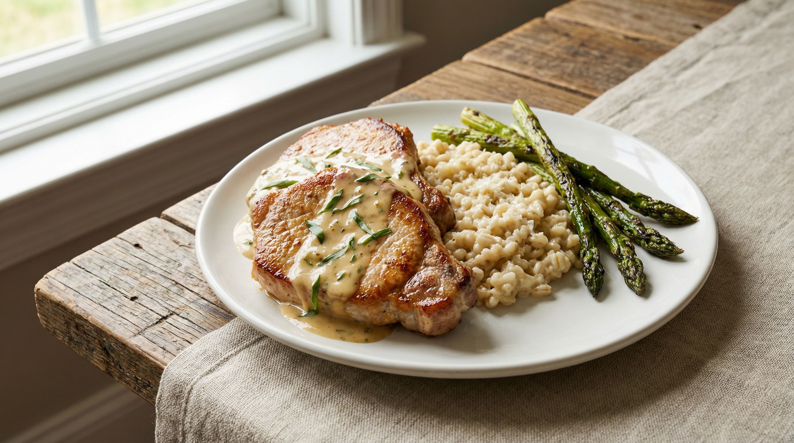 Lynstekte svinekoteletter med kremet estragon- og dijonsaus, servert med ovnsbakte asparges og perlebygotto