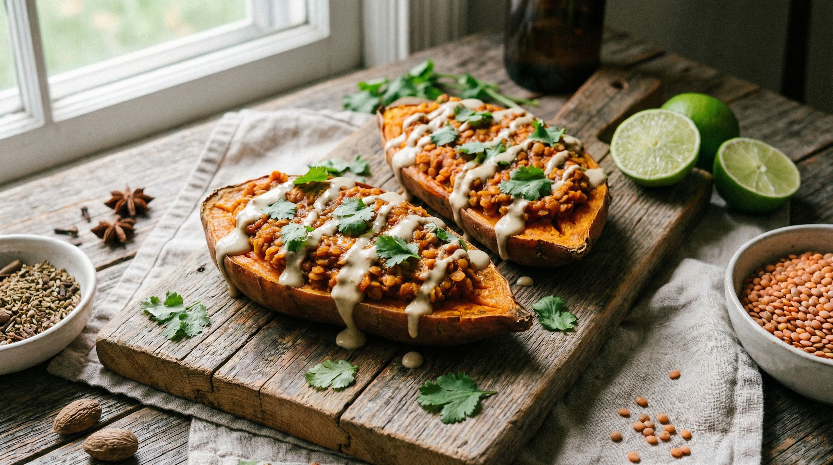 Ovnsbakt søtpotet med krydret linsefyll og tahinidressing