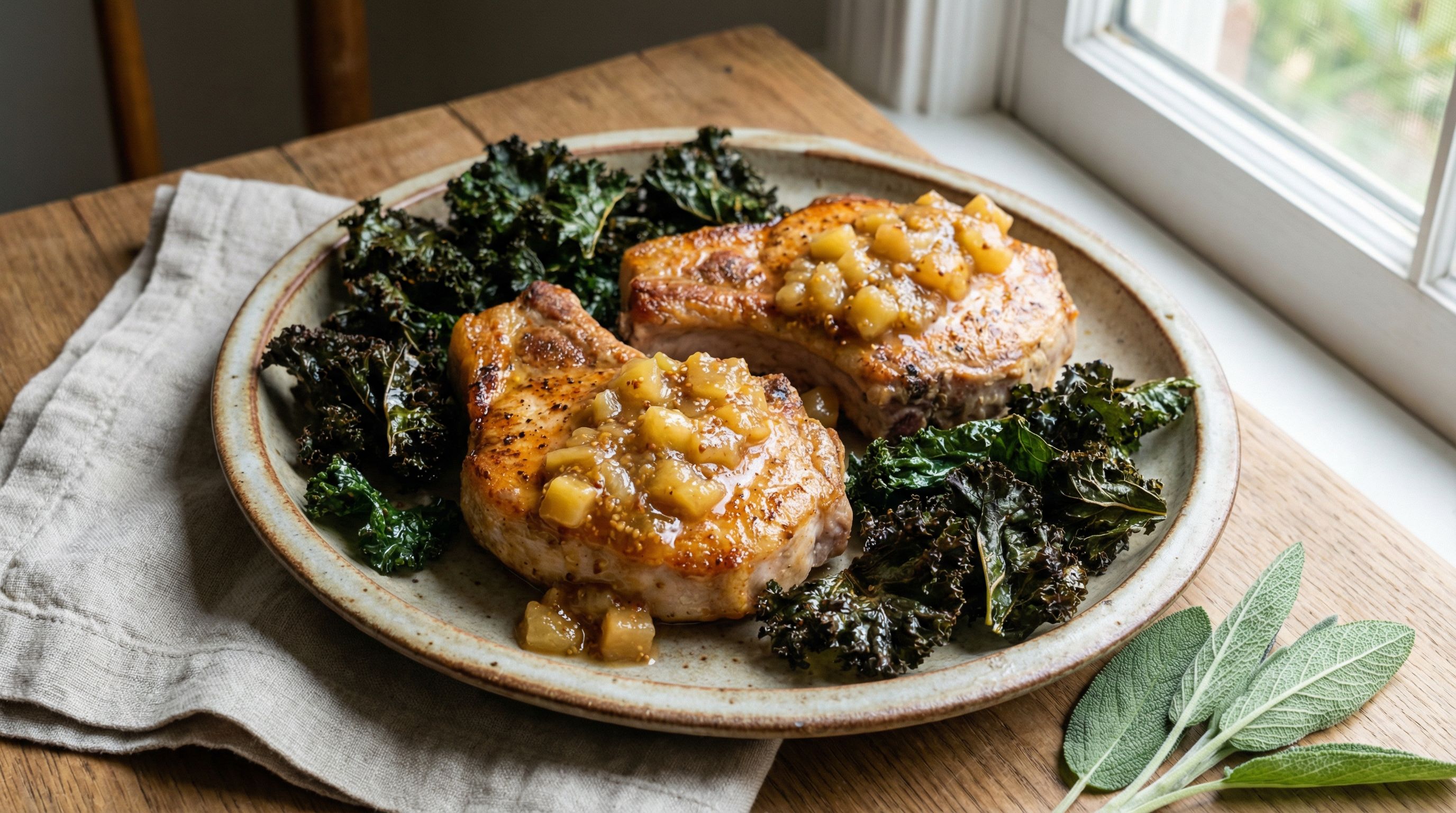 Ovnsbakt svinekotelett med sennep-og-eplesaus og ristet grønnkål