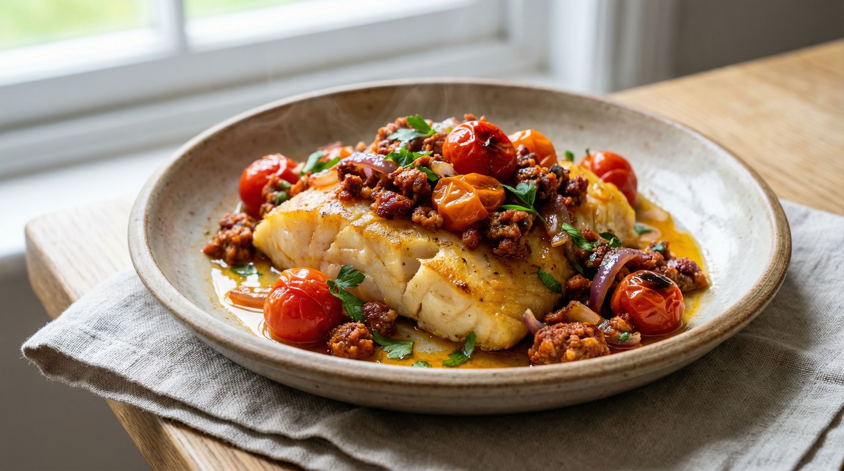 Ovnsbakt torsk med chorizo og tomatsalsa
