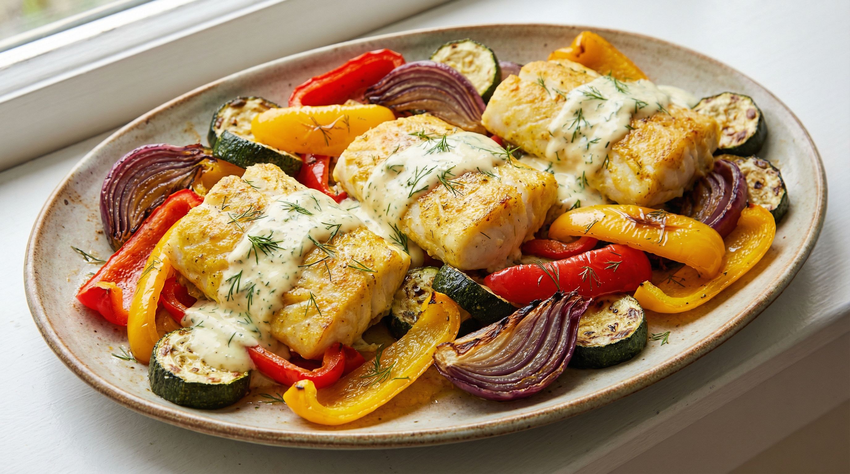 Ovnsbakt torsk med ristede grønnsaker og sitron-yoghurtdressing