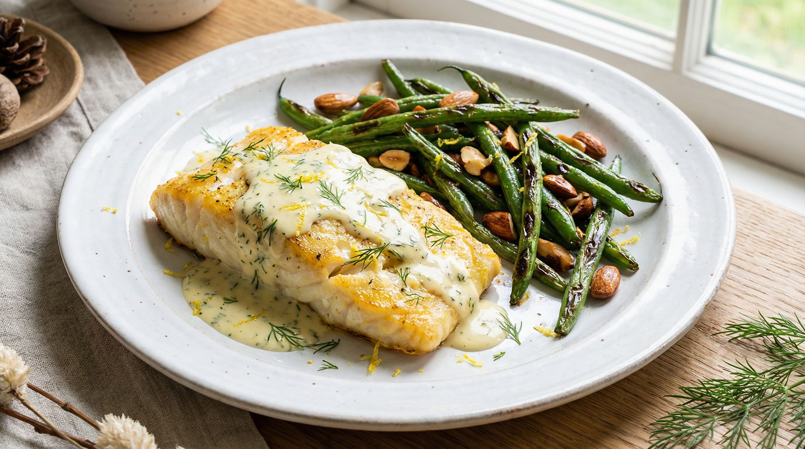 Ovnsbakt torsk med sitron-dillsaus og ovnsbakte grønne bønner med mandler