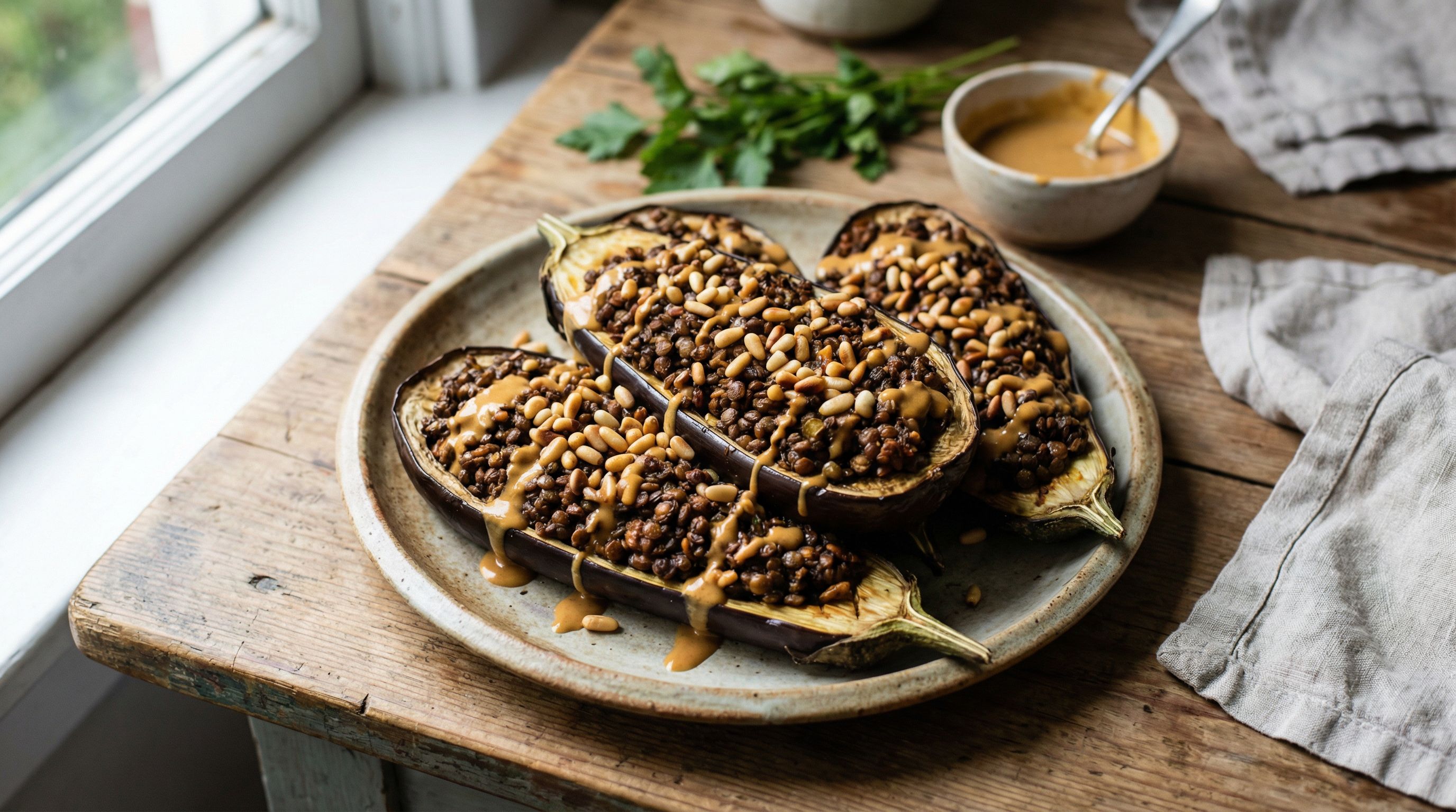 Ovnsbakte auberginer med krydret linserøre og tahinisirup