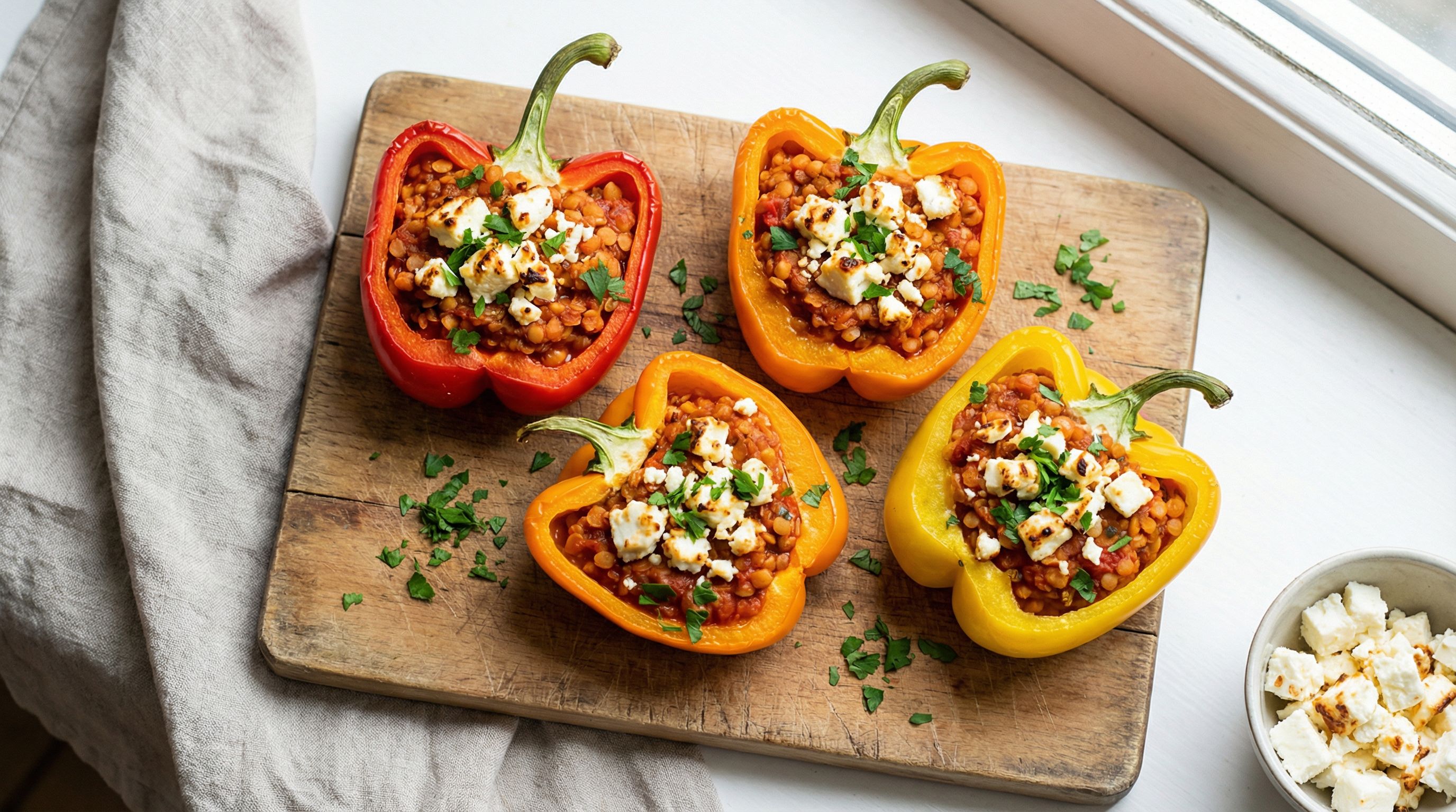Ovnsbakte fylte paprika med krydret linserøre og feta