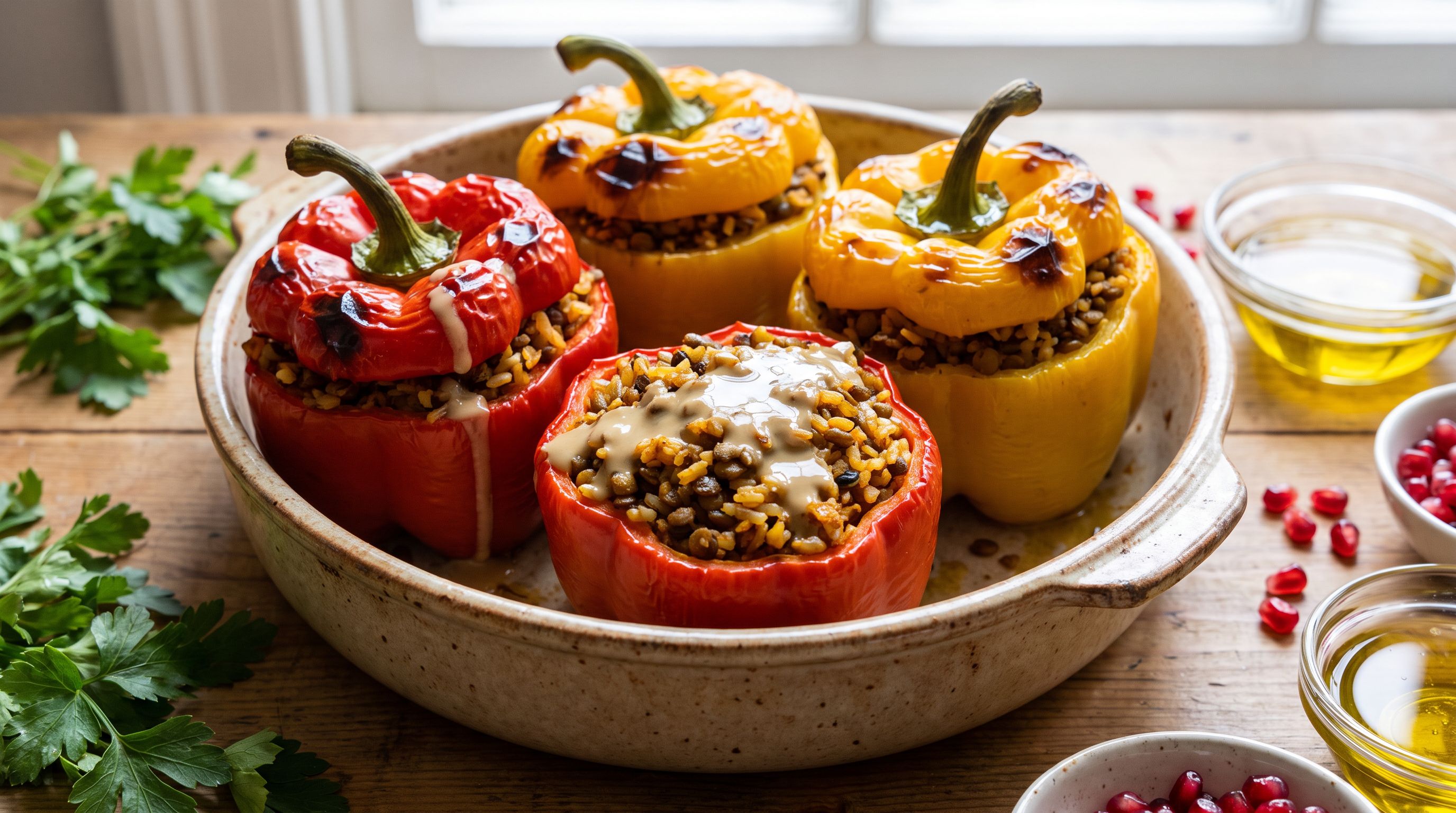 Ovnsbakte fylte paprika med krydret linserøre og tahinisirup