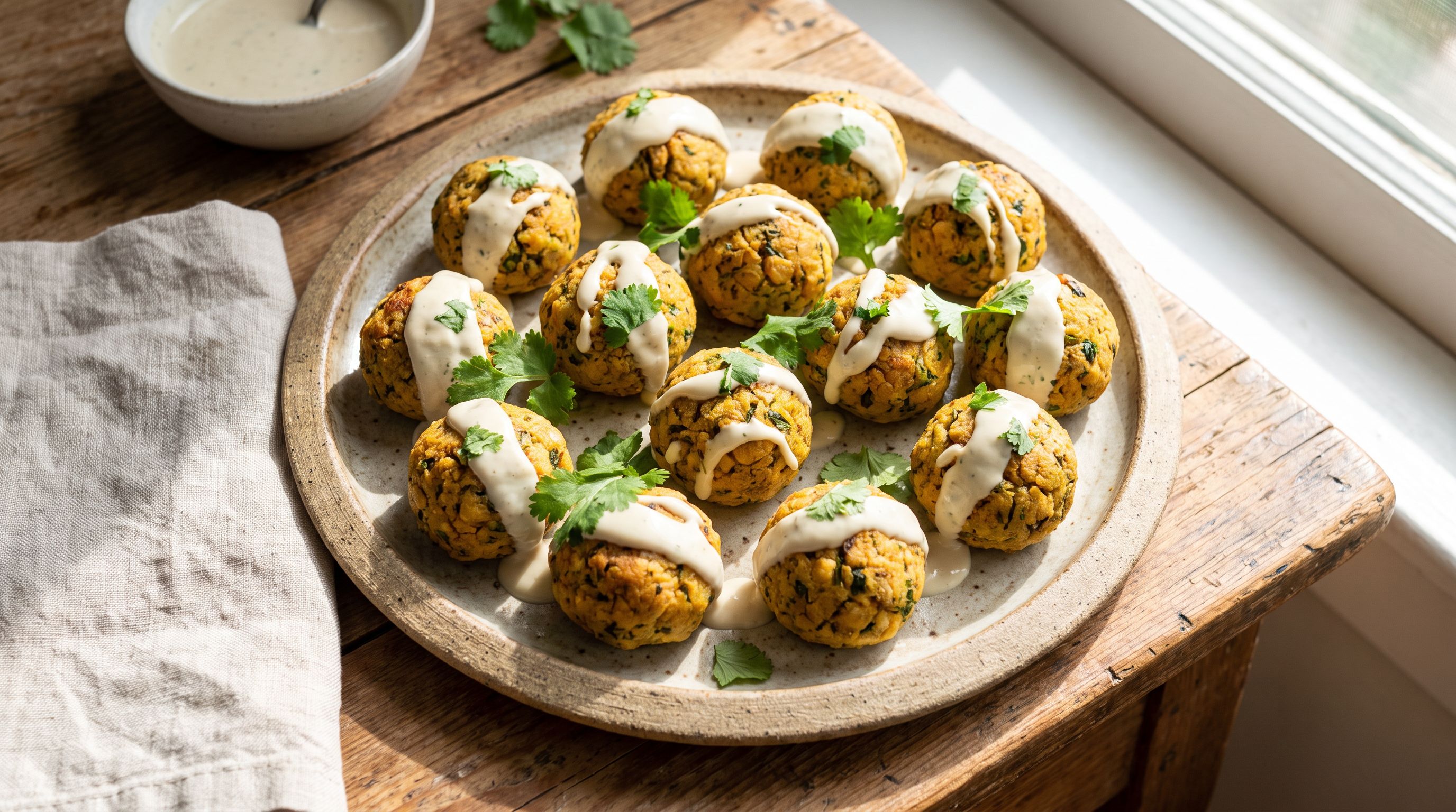 Ovnsbakte kikert- og grønnsaksboller med sitron-tahini dressing