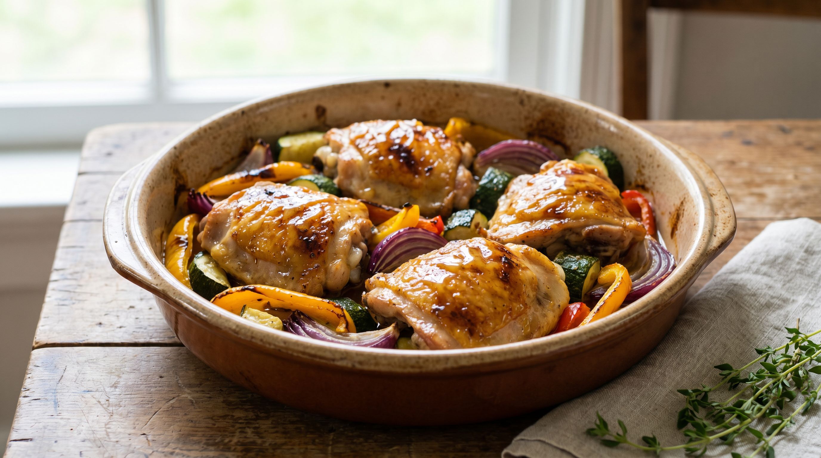 Ovnsbakte kyllinglår med honning-sitron og middelhavsgrønnsaker