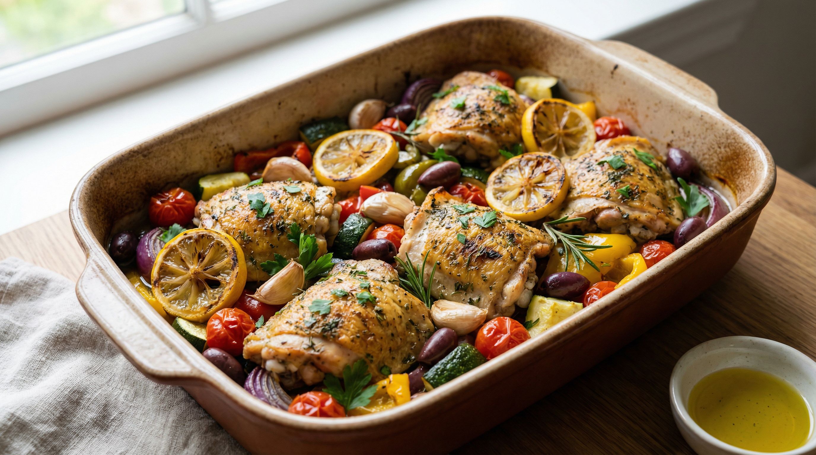 Ovnsbakte kyllinglår med sitron-hvitløk og middelhavsgrønnsaker