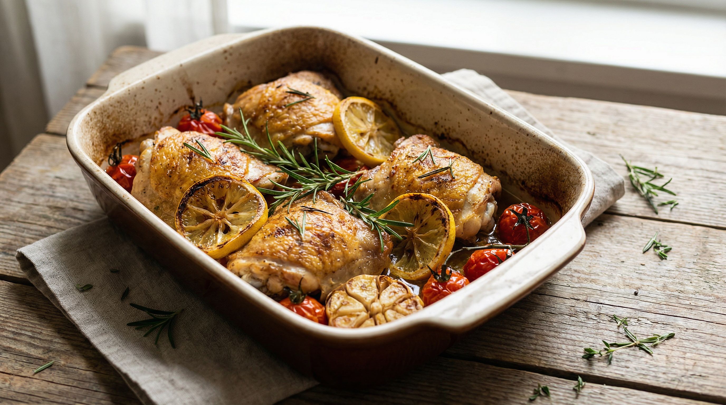 Ovnsbakte kyllinglår med sitron, rosmarin og ovnsbakte cherrytomater og hvitløk