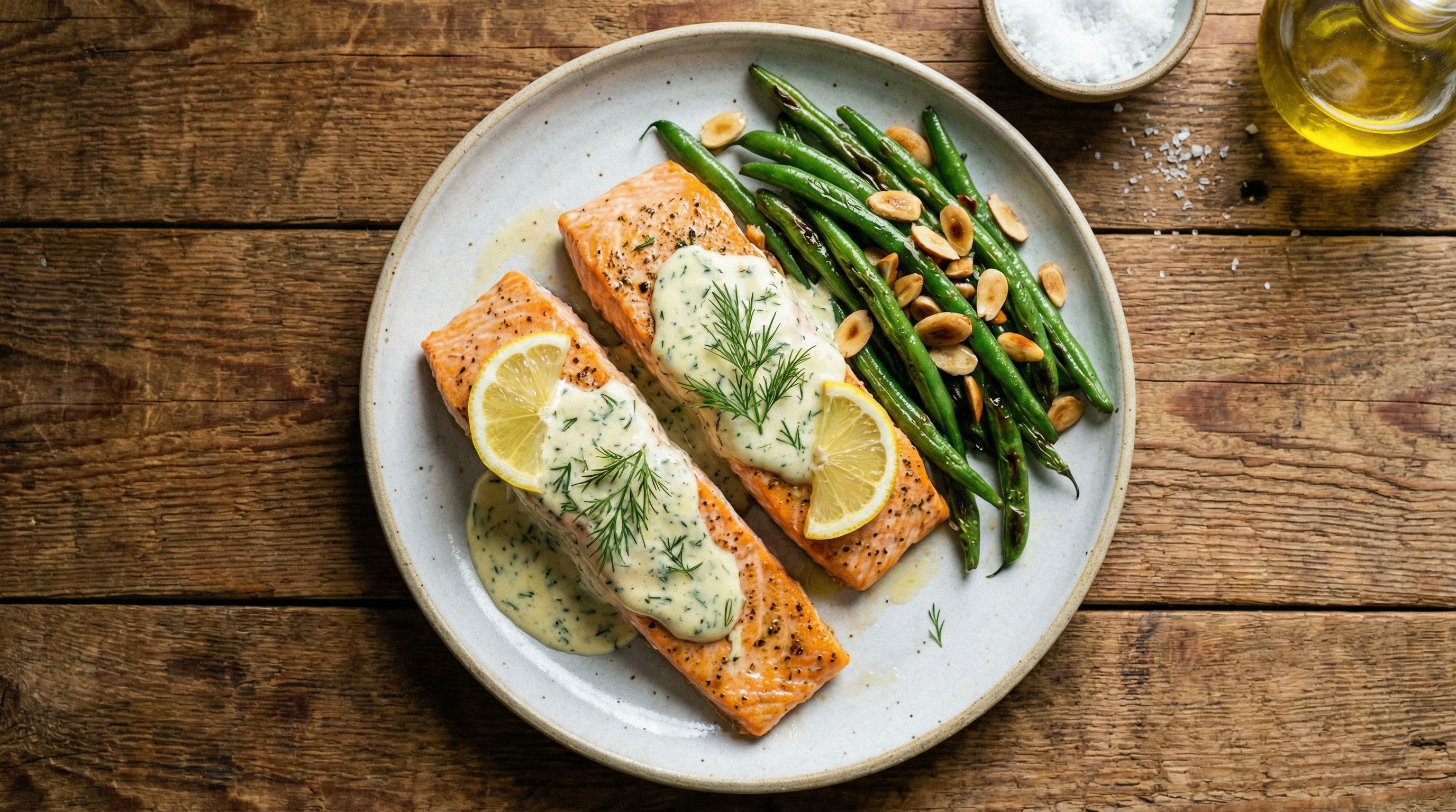 Ovnsbakte laksefileter med sitron-dillsaus og ovnsbakte grønne bønner med mandler