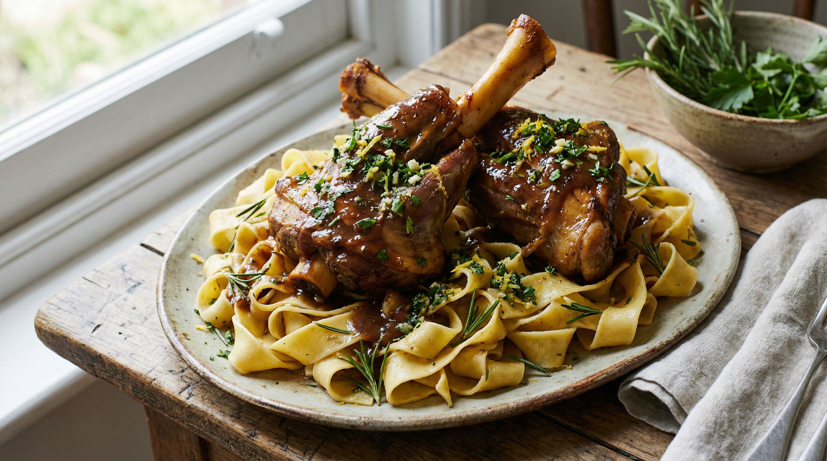 Ovnsbakte lammeskanker med rosmarinpasta og gremolata