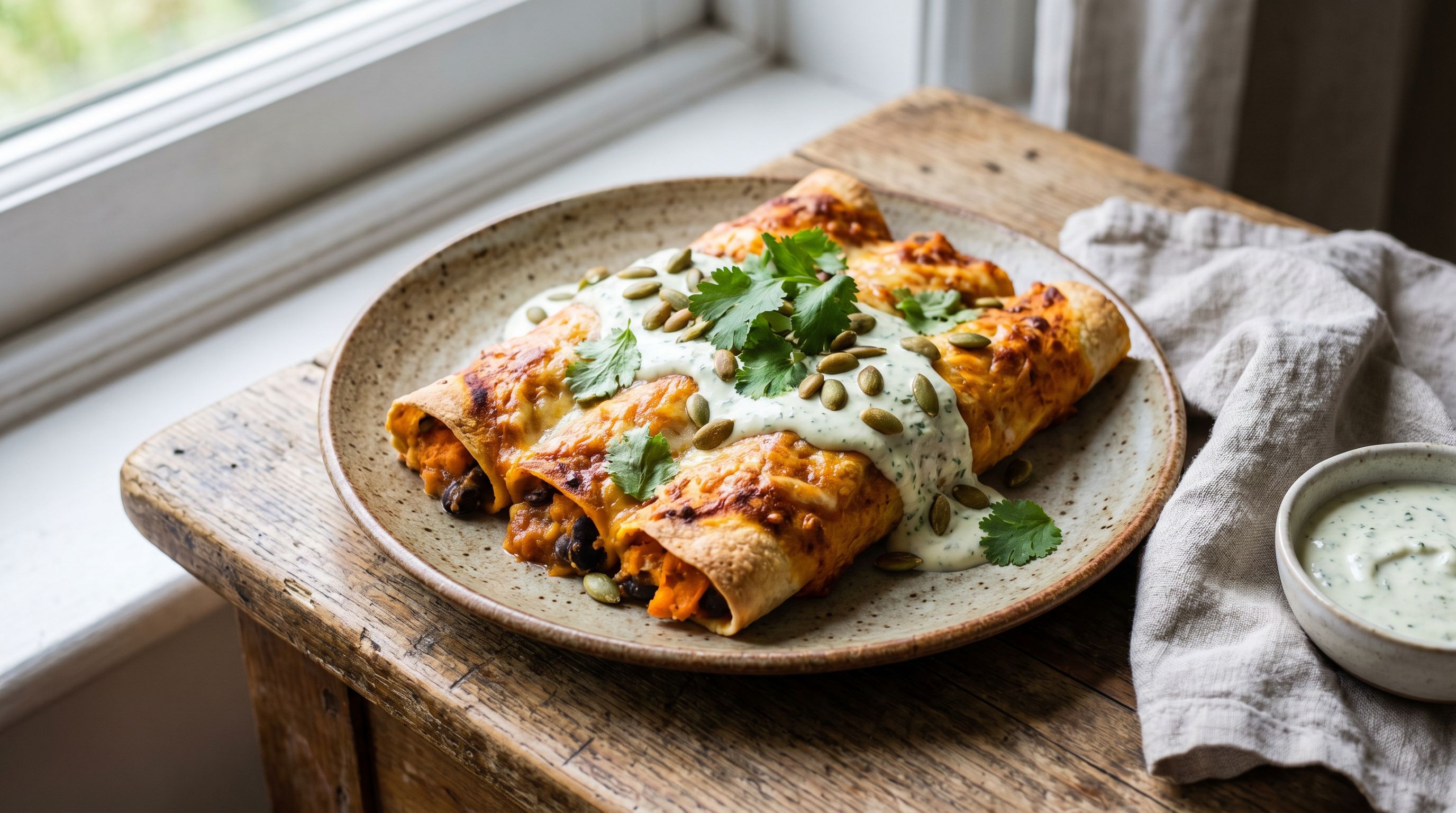 Ovnsbakte søtpotet- og sorte bønne-enchiladaer med lime-korianderkrem