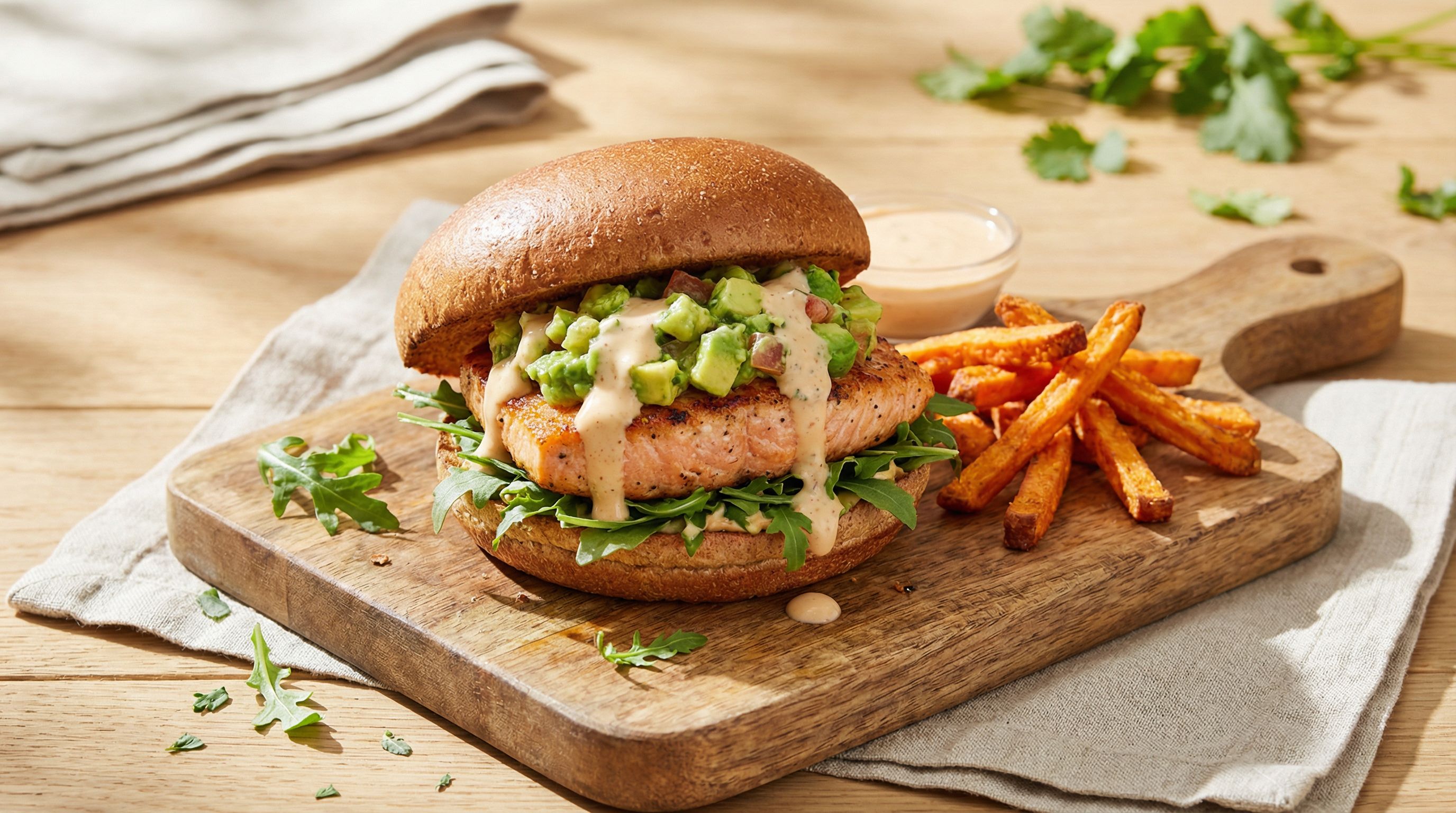 Rask lakseburger med avokadosalsa og søtpotetfries