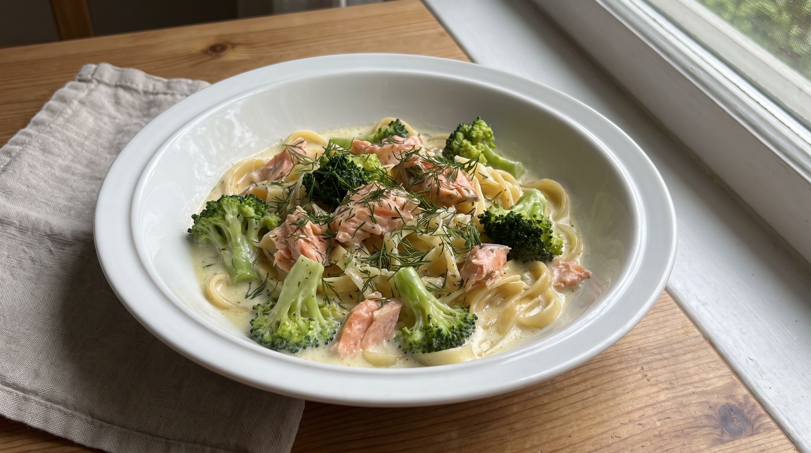 Rask og kremet pasta med laks og brokkoli