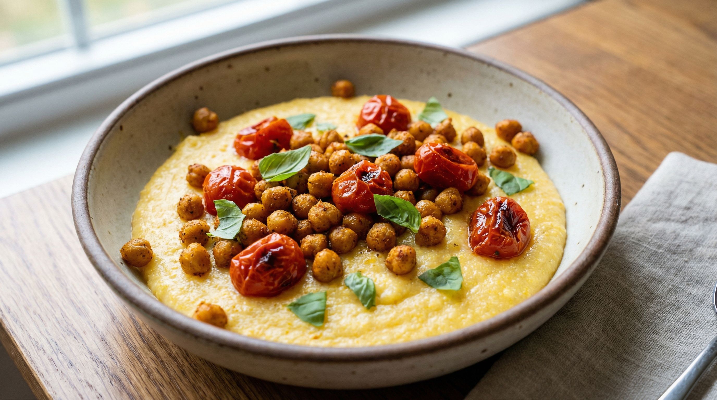 Rask polenta med stekte kikerter og solmodne tomater