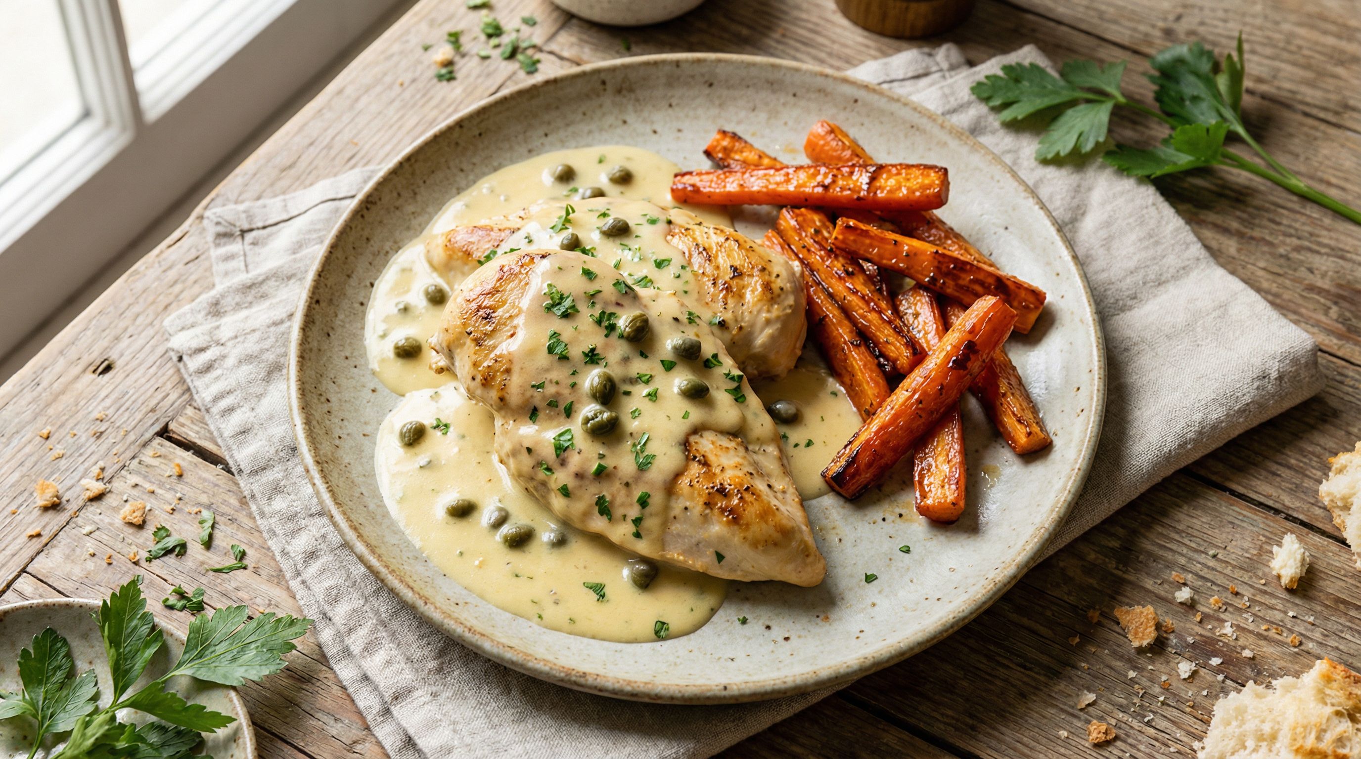 Saftig kylling med sitron-kapers saus og ovnsbakte gulrøtter