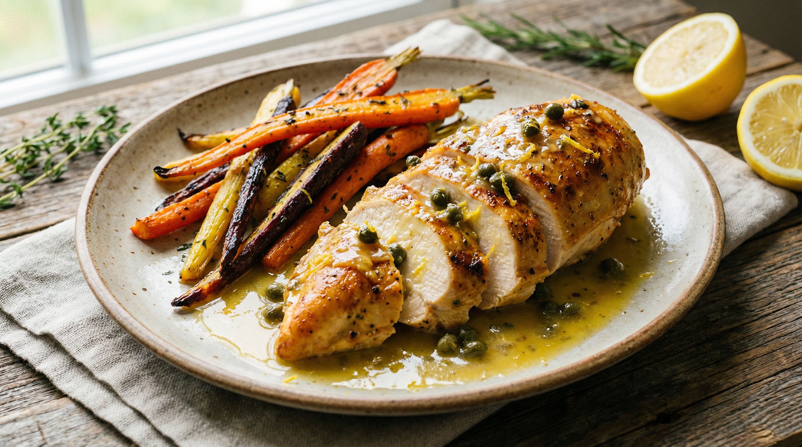 Saftig kylling med sitron-kapers saus og ovnsbakte gulrøtter
