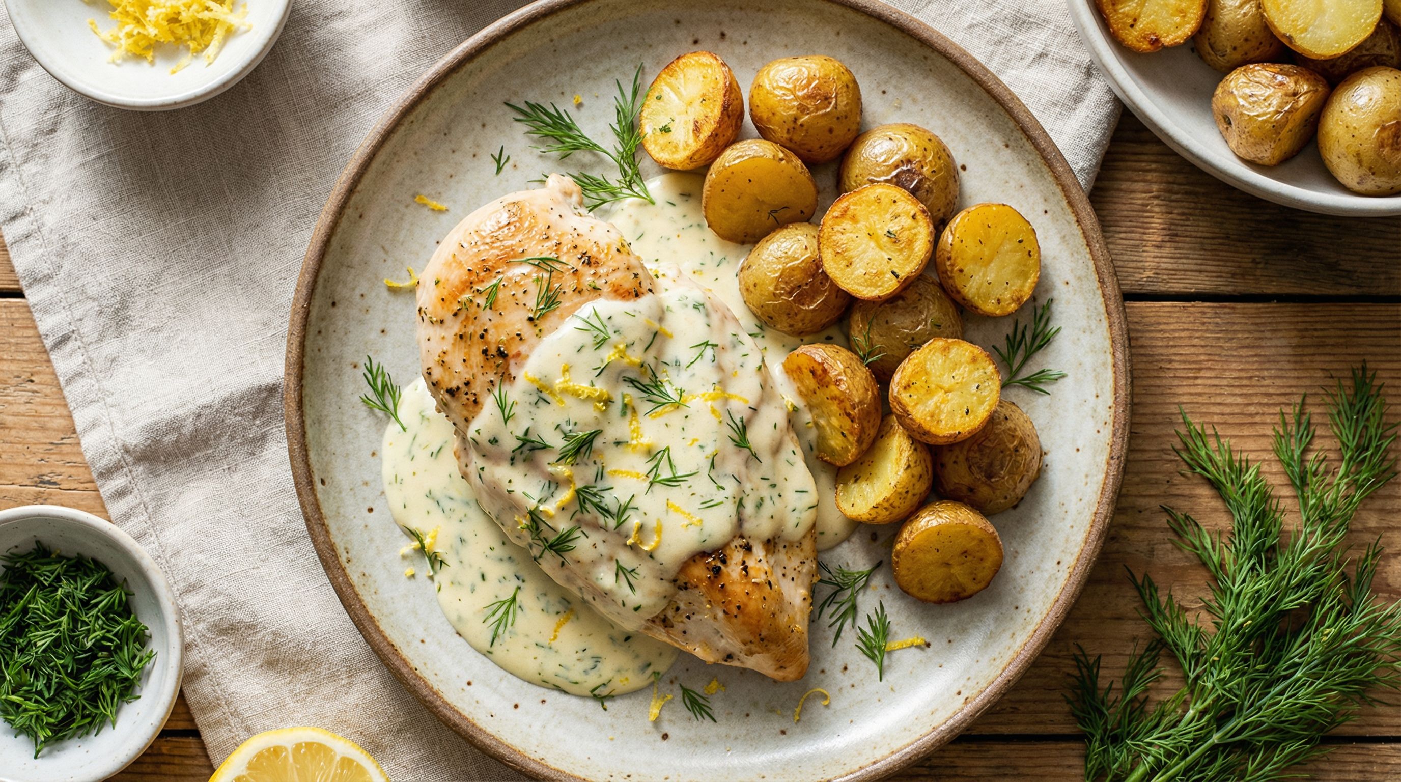 Saftig kyllingfilet med kremet sitron-dill saus og ovnsbakte småpoteter