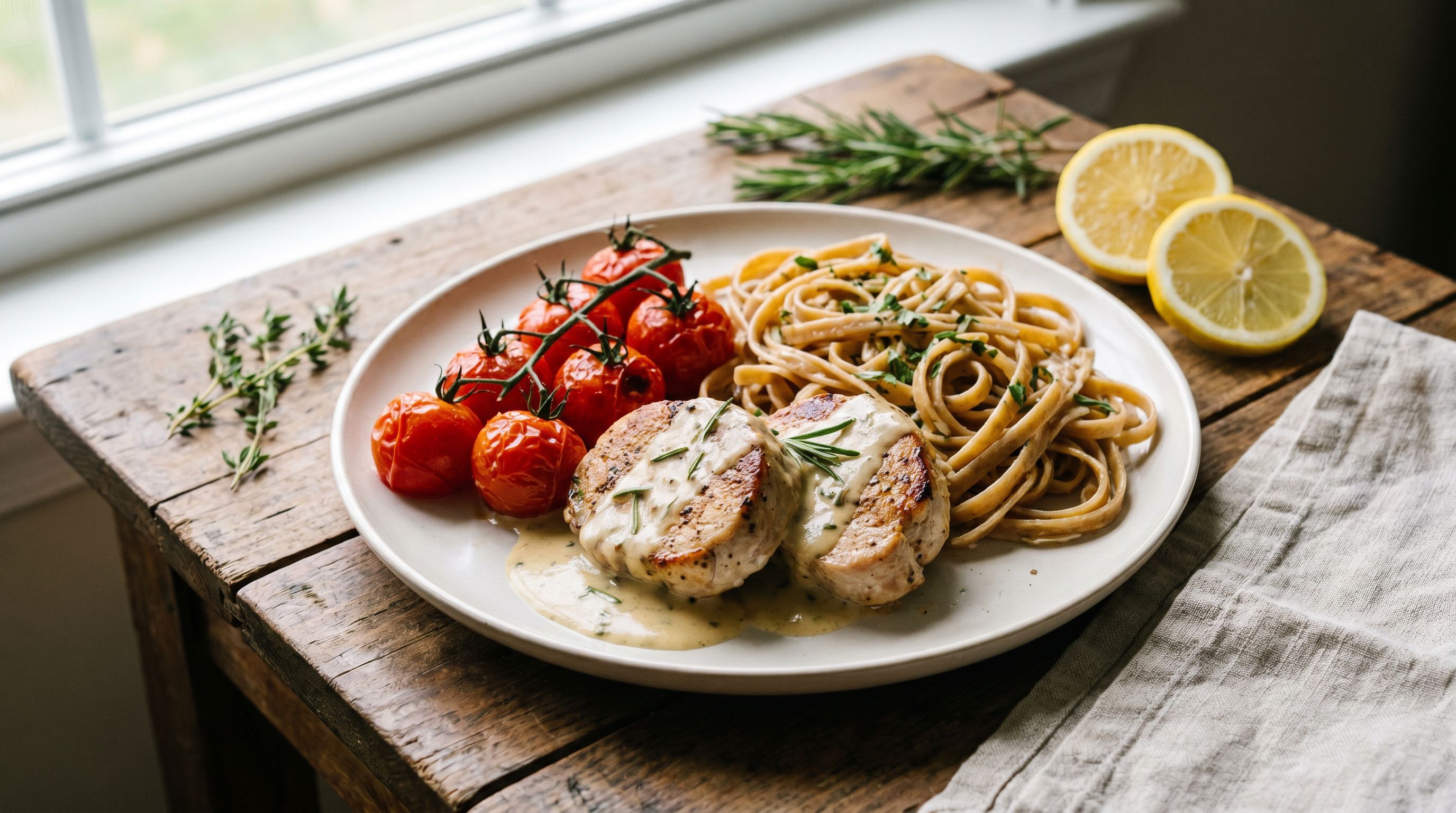Saftige kalkunmedaljonger med kremet sitron-rosmarinsaus og ovnsbakte cherrytomater