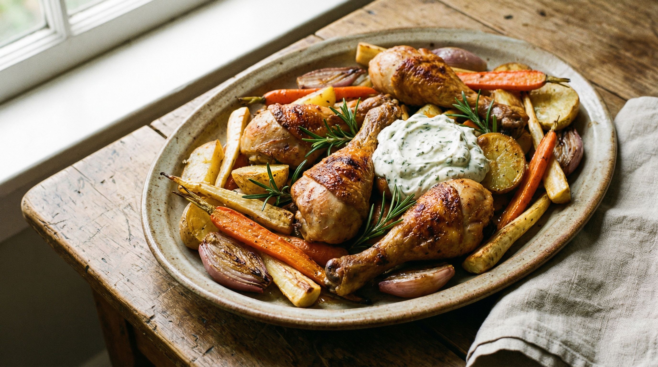 Sitron- og rosmarinstekte kyllingklubber med ovnsbakte rotgrønnsaker og urtecrème fraiche