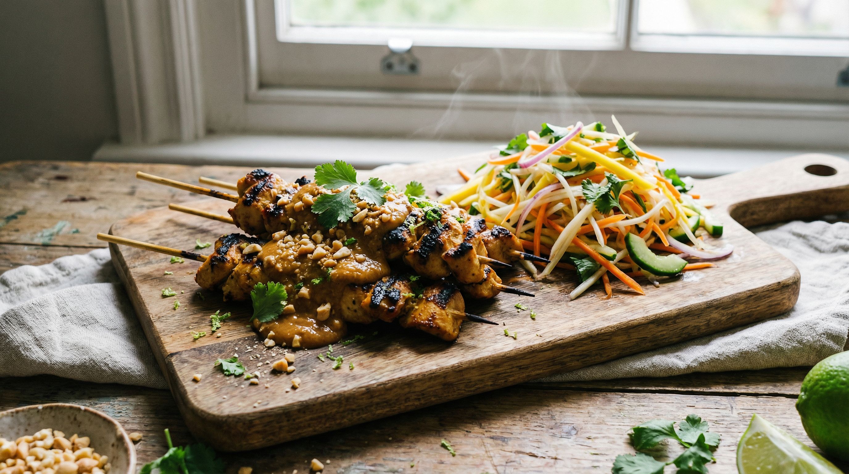 Smarte kyllingspyd med peanøttsaus og frisk grønnsakssalat