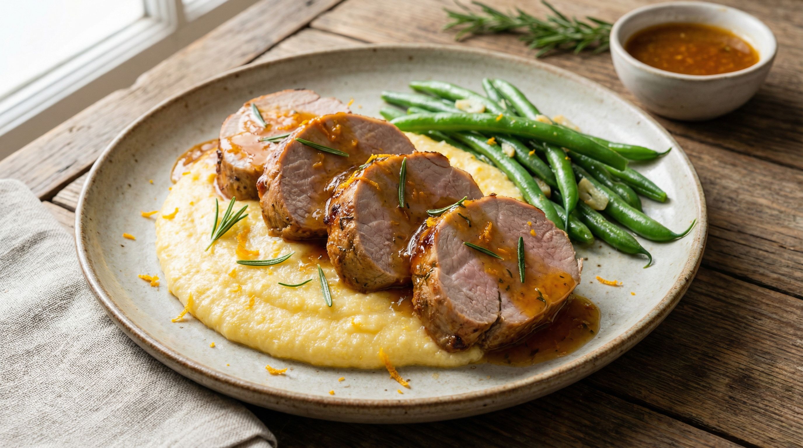 Stekt svinefilet med appelsin- og rosmarinsaus, servert med kremet polenta og grønne bønner