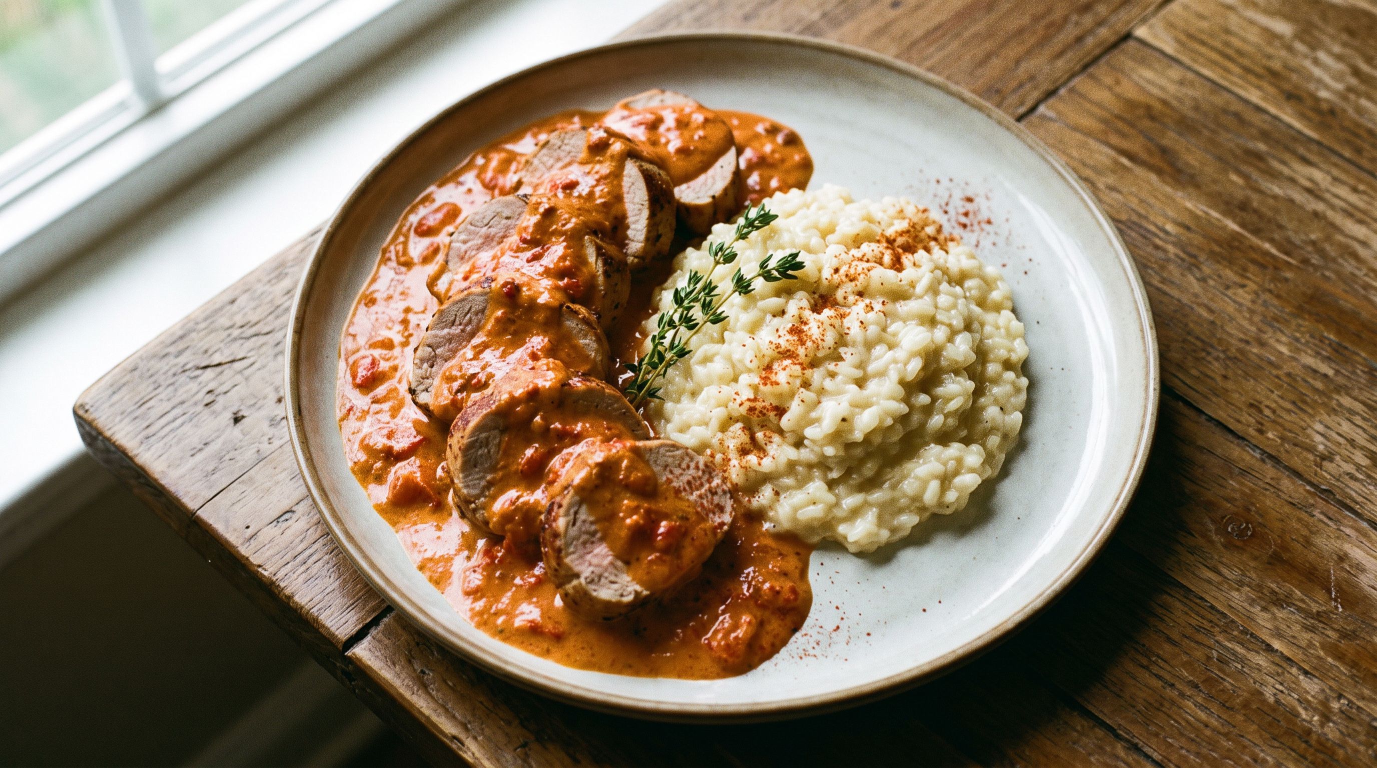 Lynrask Svinefilet med Kremet Paprika- og Tomatsaus, Servert med Risotto