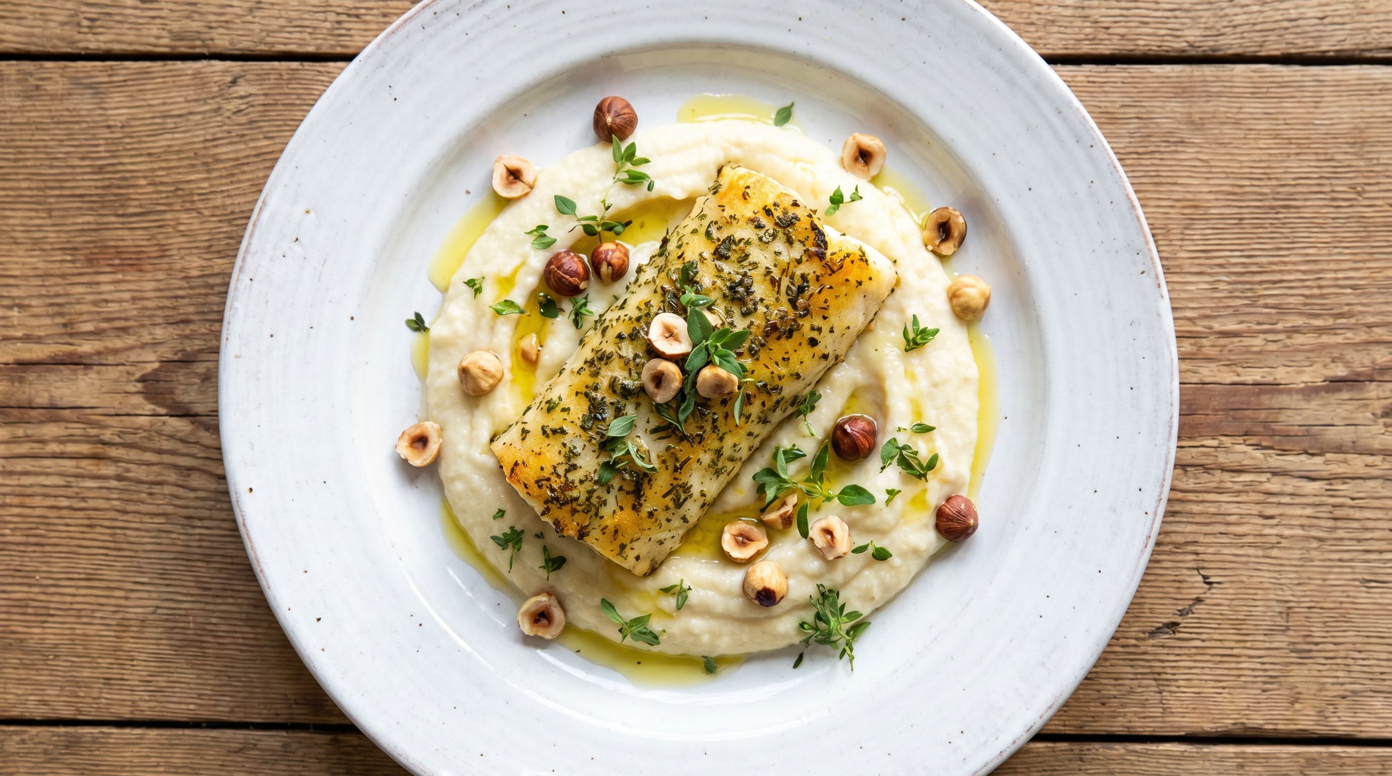 Urtekrydret torskeloin med kremet sellerirotpuré og ristede hasselnøtter